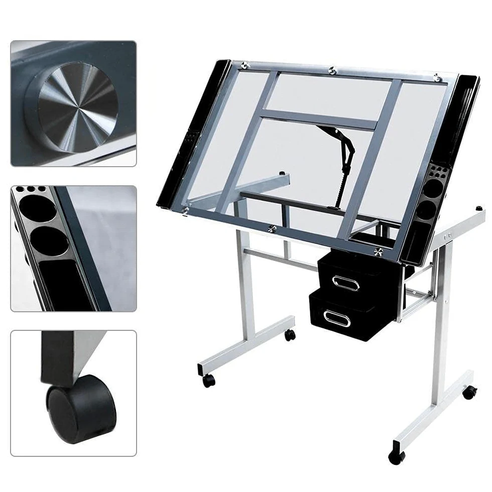 Yaheetech Tavolo da Disegno Inclinabile Scrivania con Piano in Vetro Regolabile Struttura in Acciaio Mobile Studio con Cassetti a Doppio Uso per Arte Pittura Design Lavoro Altezza Regolabile