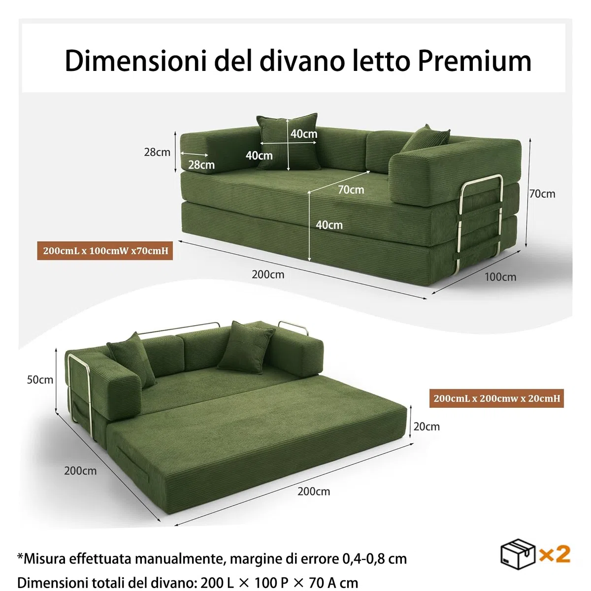 Vipbear Divano disossato, divano a 3 posti in velluto a coste 200 cm, letto pieghevole 5 in 1 convertibile con 2 cuscini in memory foam per camera da letto, verde | Cabrio