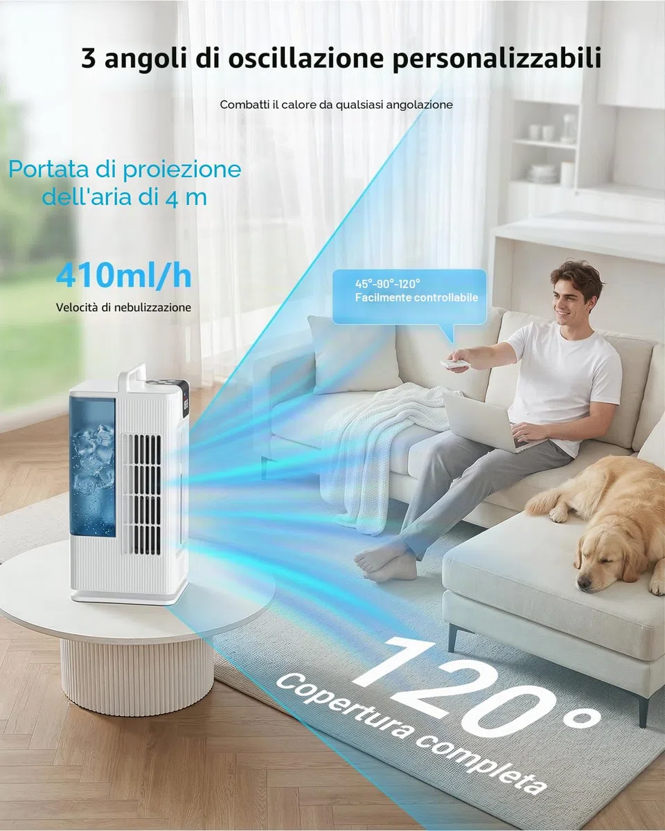 Mini condizionatore portatile: ventilatore raffreddamento ad acqua, serbatoio 2000ml, oscillazione 120°, 4 velocità, LED, timer + telecomando, senza tubo di scarico per casa/ufficio
