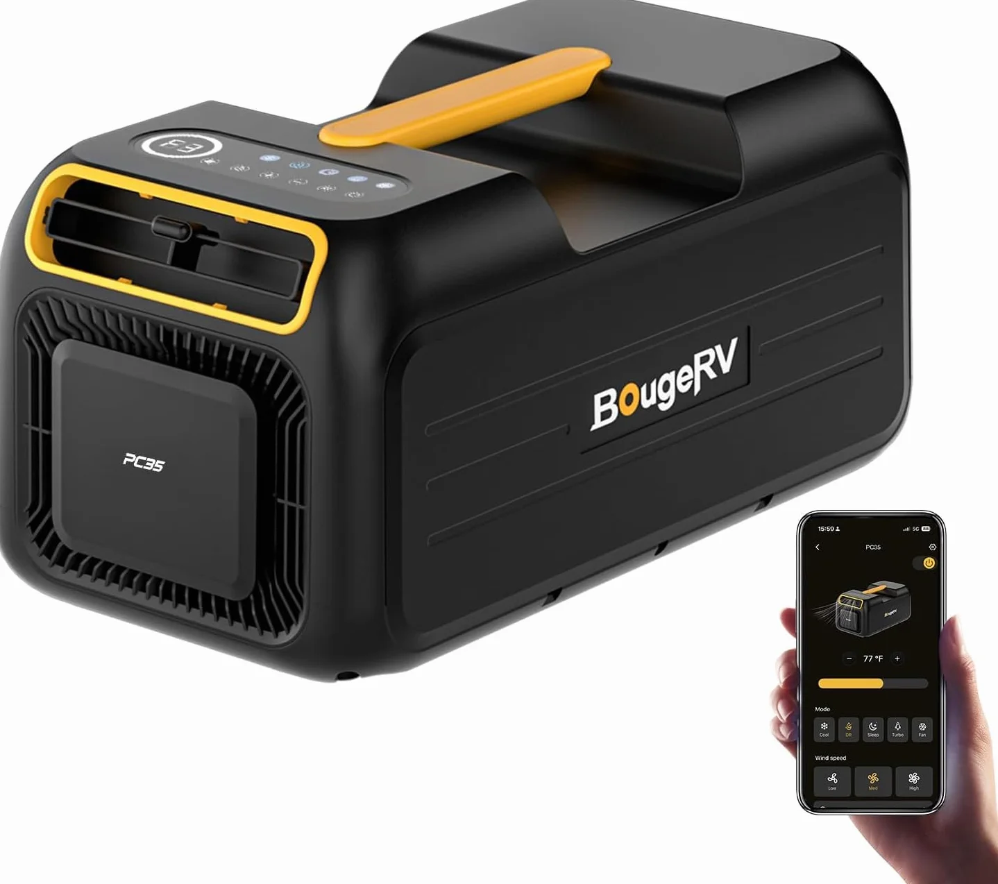 BougeRV PC35 Condizionatore Portatile, 3500 BTU Climatizzatore, 5 in 1 con App, Compatto, AC 100V-240V, Condizionatore da Campeggio per Camper, Tenda, Camion, Van