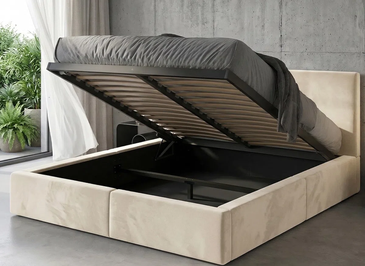 Letto imbottito 160 Hilton struttura del letto con rete a doghe in metallo con contenitore letto matrimoniale giroletto imbottito con cassettone letto per camera da letto (cashmere, 160x200)