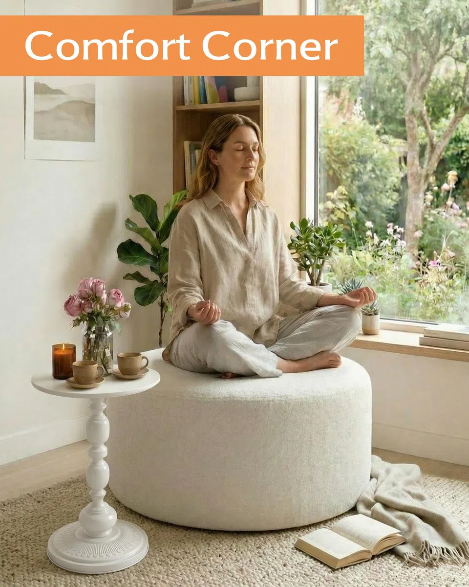 Pouf Poggiapiedi Divano Morbido Grande Pouf Rotondo 70cm in Tessuto Teddy Beige, Puff Poltrona per Camera da Letto, Seduta da Pavimento Moderna Poggia Piedi Imbottito 70x70x40cm
