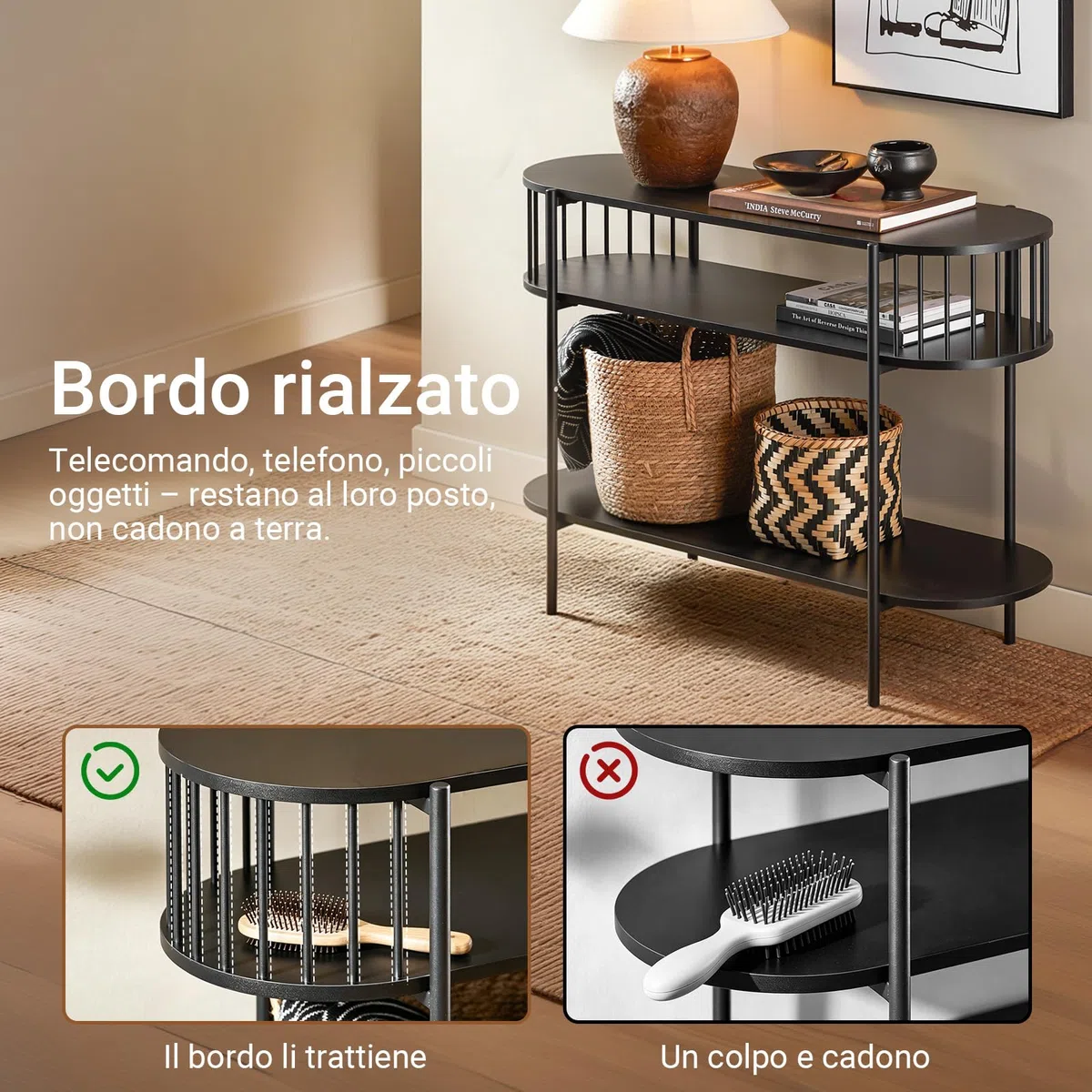 SoBuy Consolle Ingresso con 3 Ripiani, Tavolo Legno Nero Moderno per Ingresso, Corridoio o Soggiorno, Ampio Spazio per Famiglie, L110 x P39 x H76 cm, FSB90-SCH