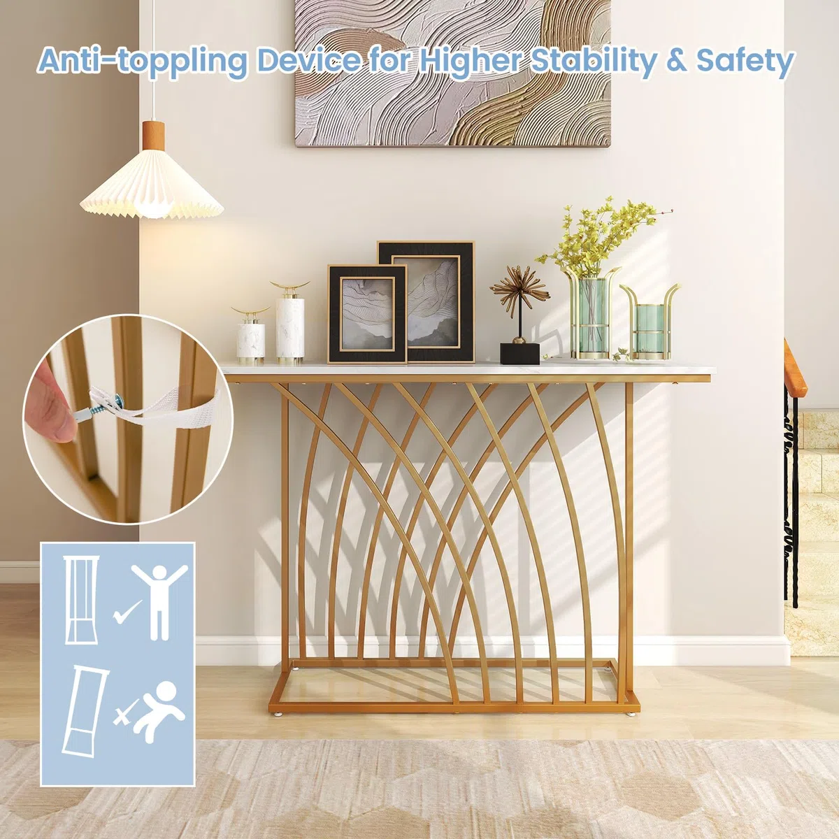 LIFEZEAL Tavolo Console Moderno, Effetto Marmo, Tavolo d’Ingresso, Telaio in Metallo, Piedini Regolabili, Salvaspazio, Corridoio, Soggiorno, Entrata, Max 20kg, 120x30x80cm, Oro