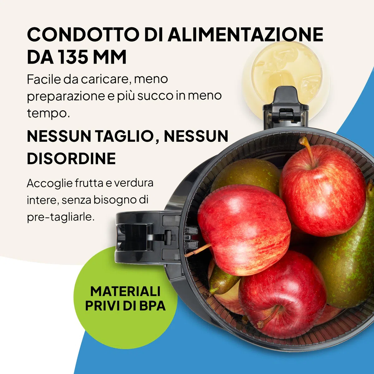Fridja f2500 Estrattore di Succo ad Alimentazione Automatica | Bocca di Carico 135mm Frutta Intera | Estrattore a Freddo 250W | Alta Resa | Facile da Pulire | Senza BPA | Nero Opaco