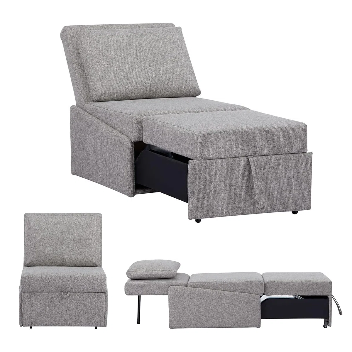 EVERGREENWEB - Poltrona Pouf Letto Singolo con Materasso e Cuscino INCLUSO, Prontoletto Salvaspazio Pieghevole, Pouf Poggiapiedi, Ottomano, Comodo Schienale Regolabile e Tasca Laterare | SOFY (Grigio)