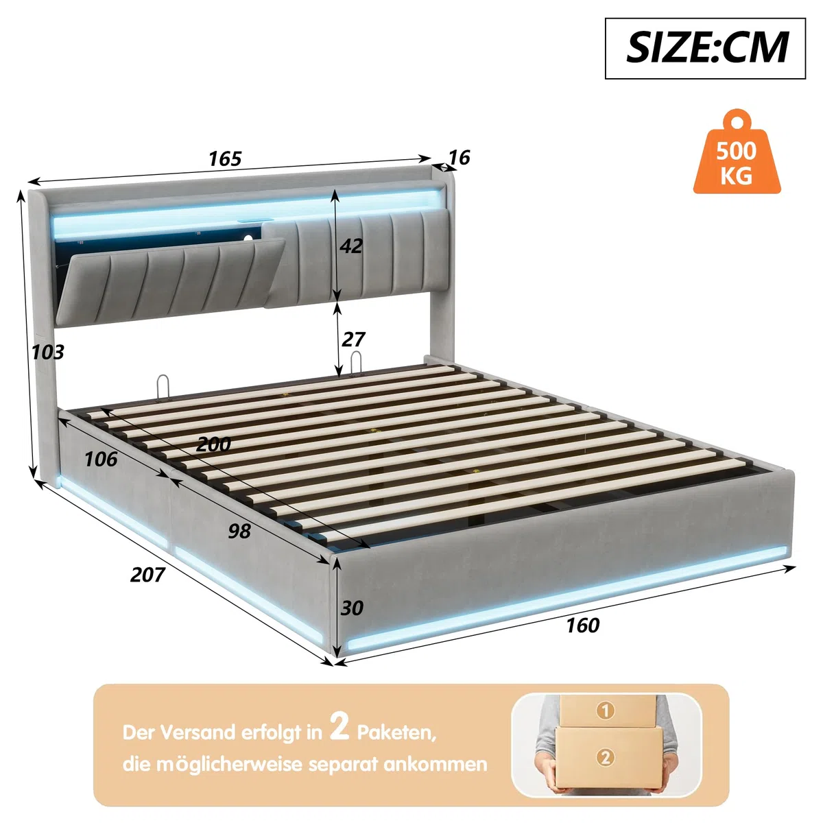 Letto Contenitore Matrimoniale 160x200 cm, Letto con Spazio Idraulico, Testiera Multifunzione con Portaoggetti, Ricarica USB A+C e Luci LED RGB, Velluto, Grigio, Senza materasso