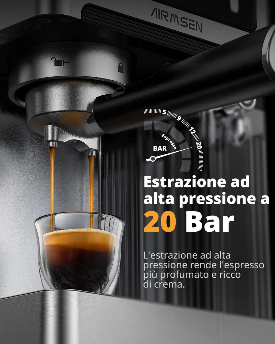 AIRMSEN 20 Bar Macchina Espresso per Casa con Frotheria Automatica, Cappuccino & Latte Caffè Macchina, Doppio Boiler Quick Estrazione (1350W+1000W), Acciaio Inox, Serbatoio d'Acqua 1.8L, Touchscreen