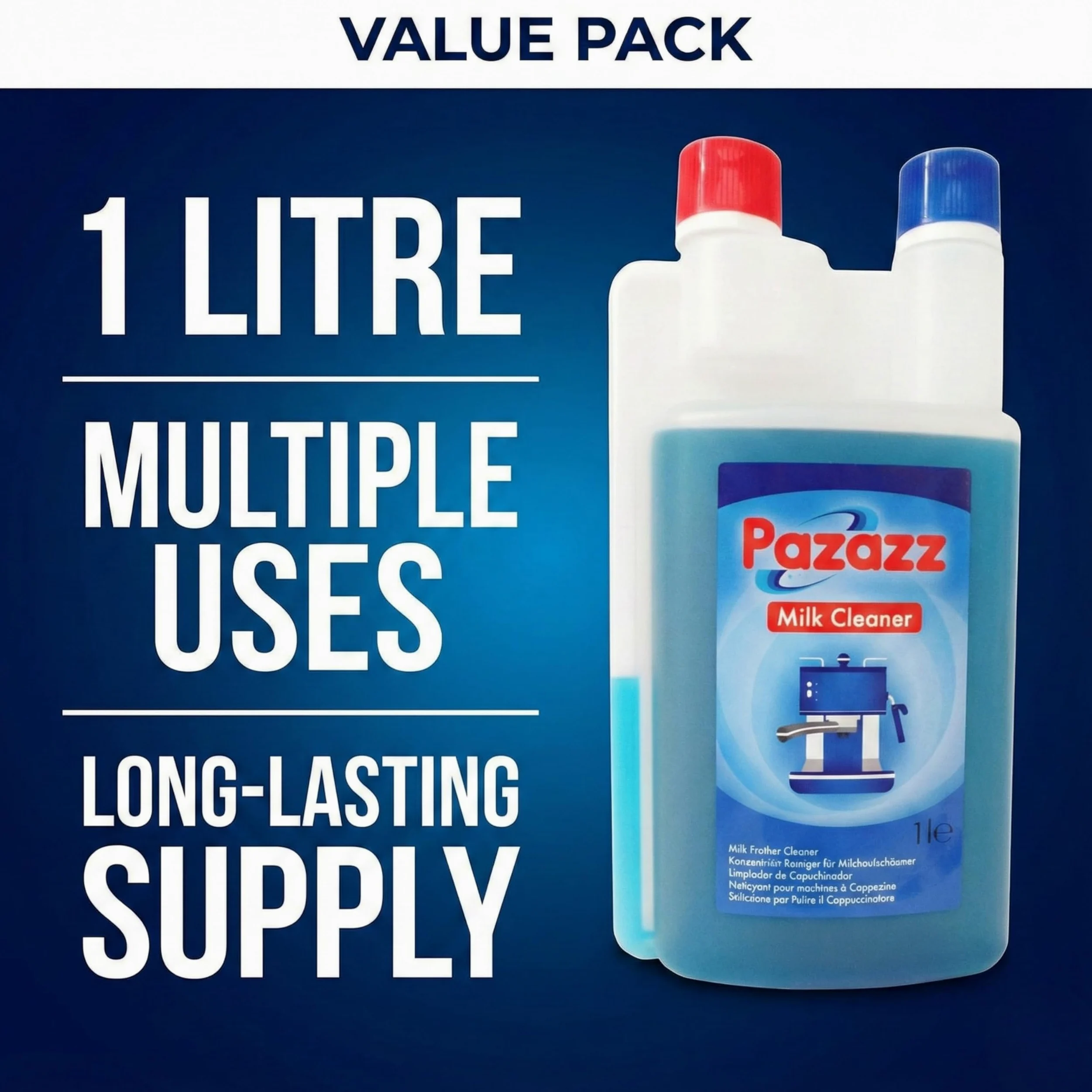 PAZAZZ Detergente per Montalatte – Liquido per Macchine da Caffè ed Espresso – Rimuove i Residui di Latte – Uso Domestico e Professionale – 1000ml – Confezione da 12