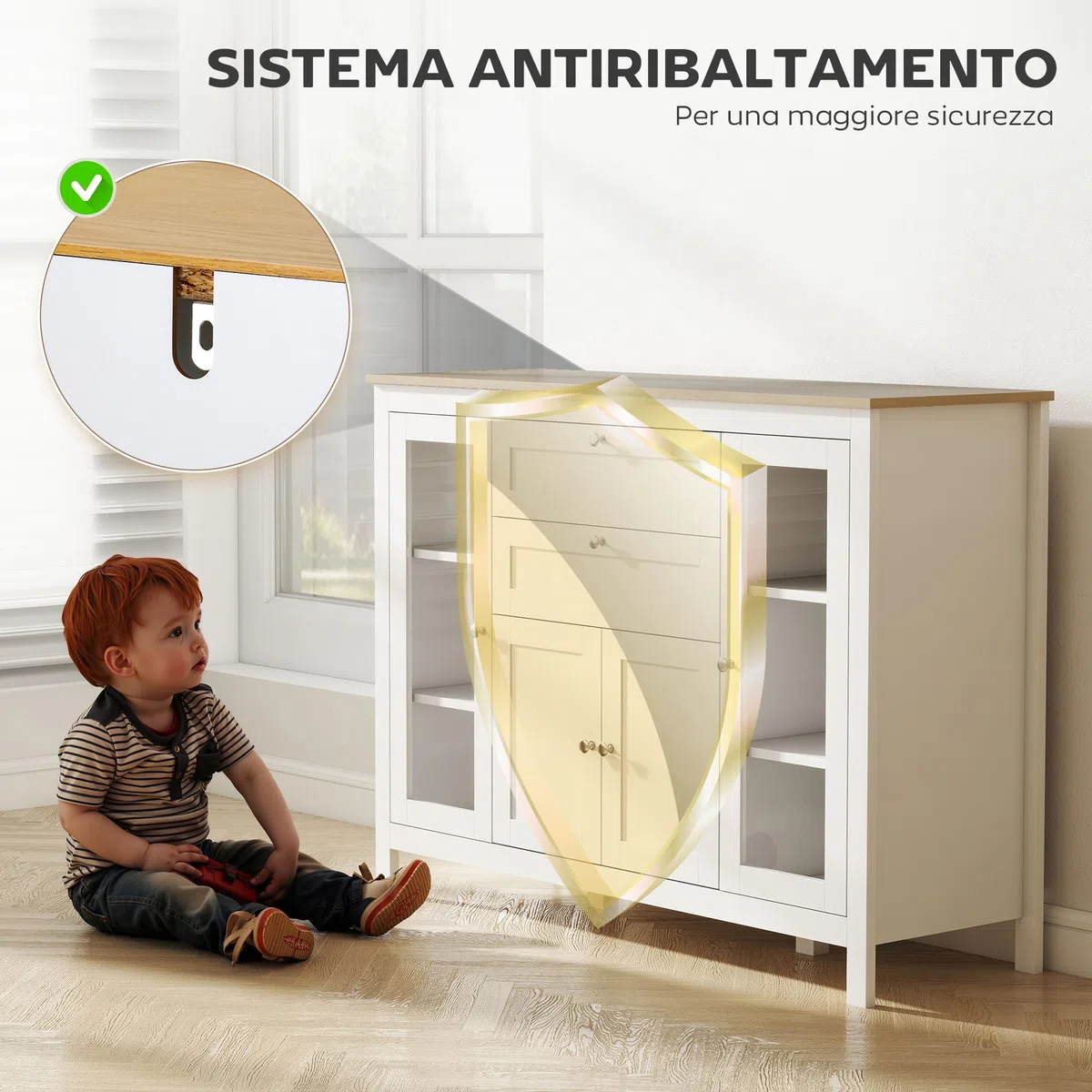 HOMCOM Credenza Cucina, Mobile Cucina con 2 Cassetti, 3 Armadietti, Piano d'Appoggio in Caucciù, Credenza Buffet con Ante a Vetro, Ripiani Regolabili, per Soggiorno Sala da Pranzo, 120x40x90cm, Bianco