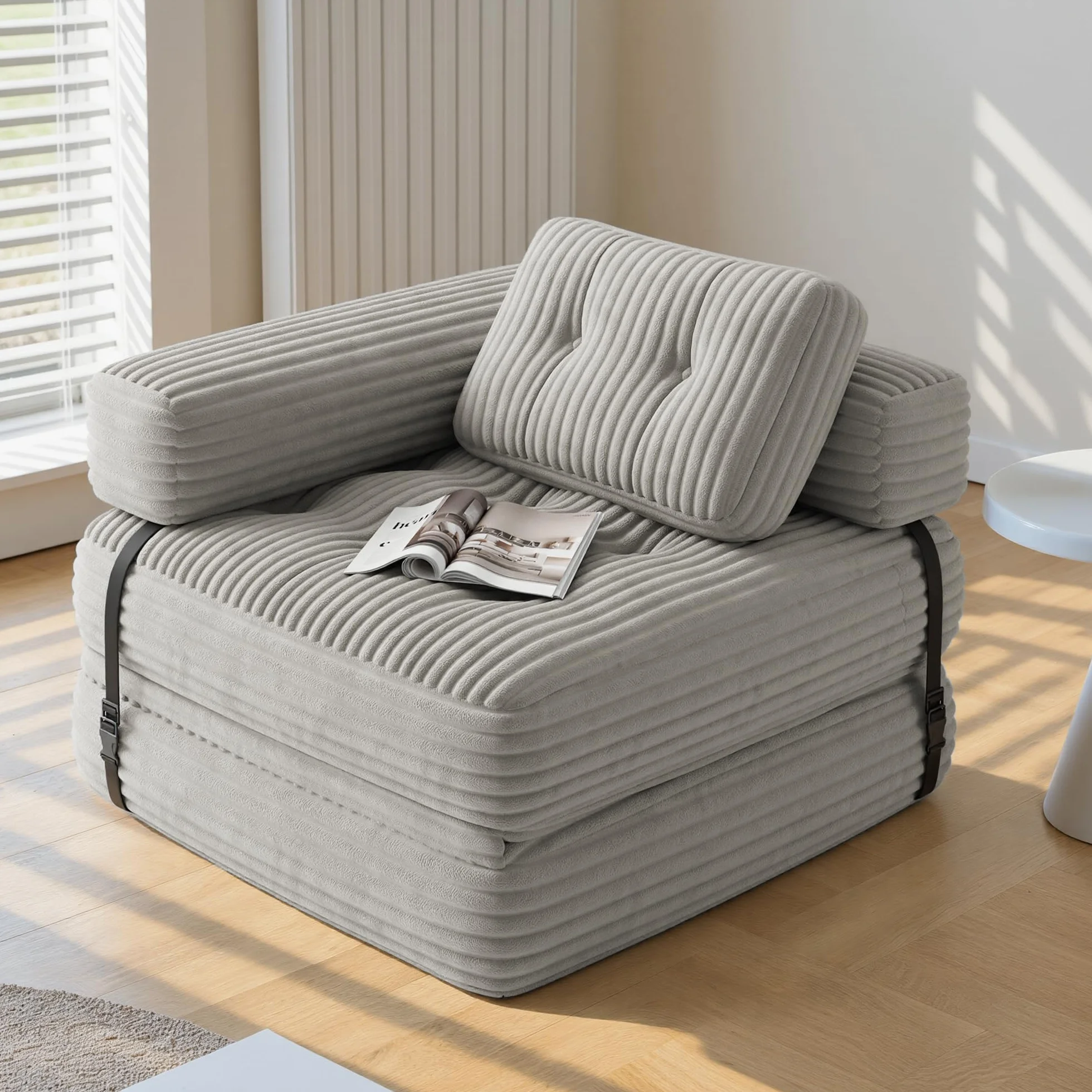 Xbro Divano Letto Pieghevole Singolo Compatto in Velluto a Coste con Poggiatesta a L, Poltrona Letto Salvaspazio per Soggiorno Ufficio Ospiti, 85x85-170x85 cm, Grigio Chiaro