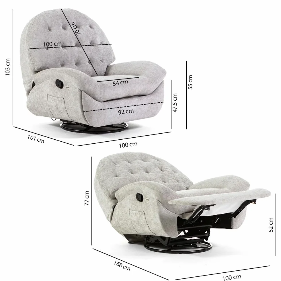 Poltrona Relax Manuale 3 Posizioni Girevole, Rotante e a Dondolo per Soggiorno, Anziani e TV, Stile Moderno - Pina (Grigio Perla)