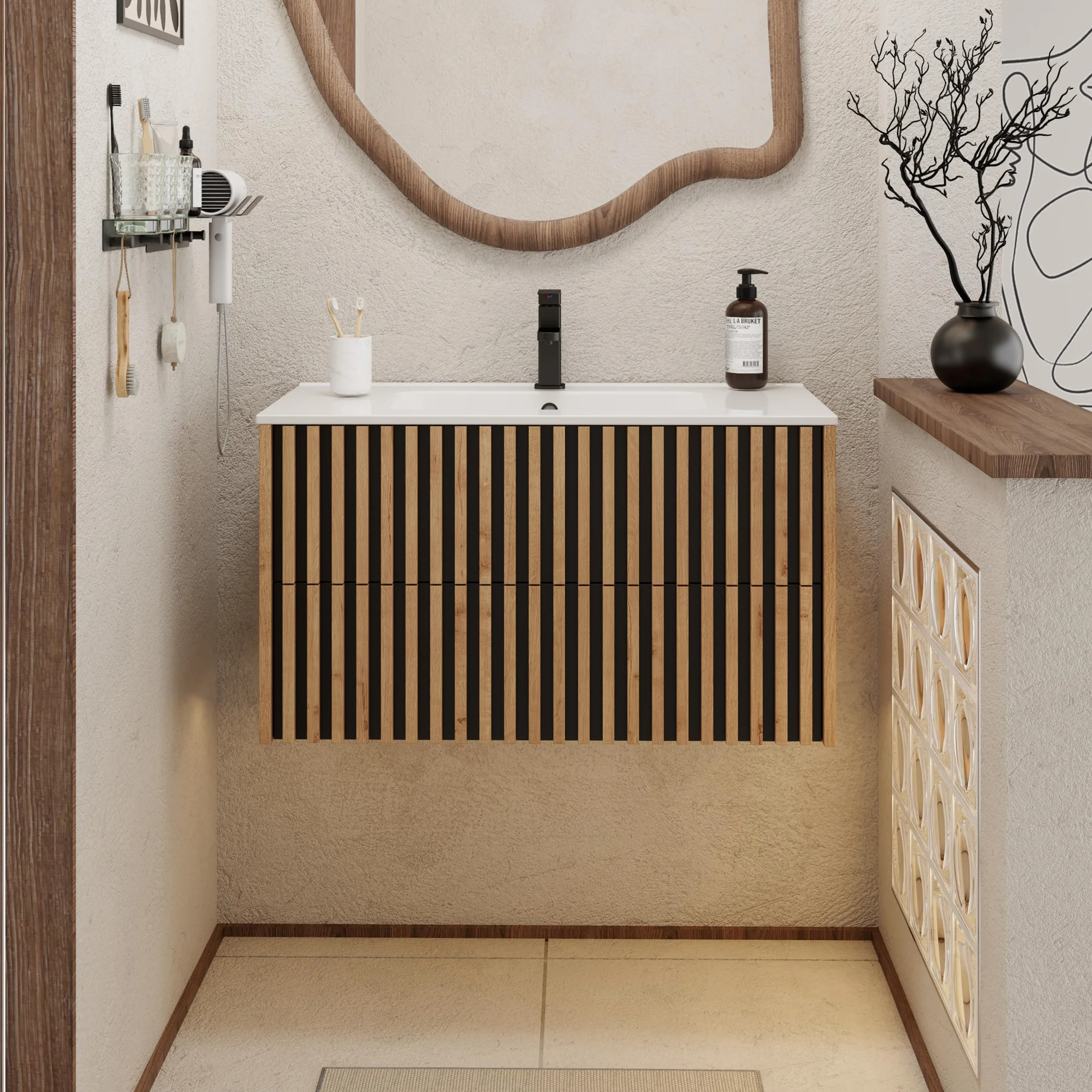 UEV Mobiletto Bagno Sospeso da 90CM con Lavabo in Ceramica, Mobiletti Lavabo Incluso con 2 Cassetti da Archiviazione, Lavadino Bagno con Mobile Moderno e Pratico, Bianco Avorio