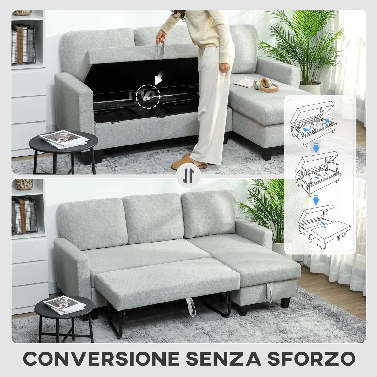 HOMCOM Divano Letto 3 Posti con Chaise Longue Convertibile, Divano Angolare con Vano Portaoggetti, Cuscini Sfoderabili in Tessuto Effetto Lino, per Soggiorno Salotto, 197x129x85 cm, Grigio Chiaro