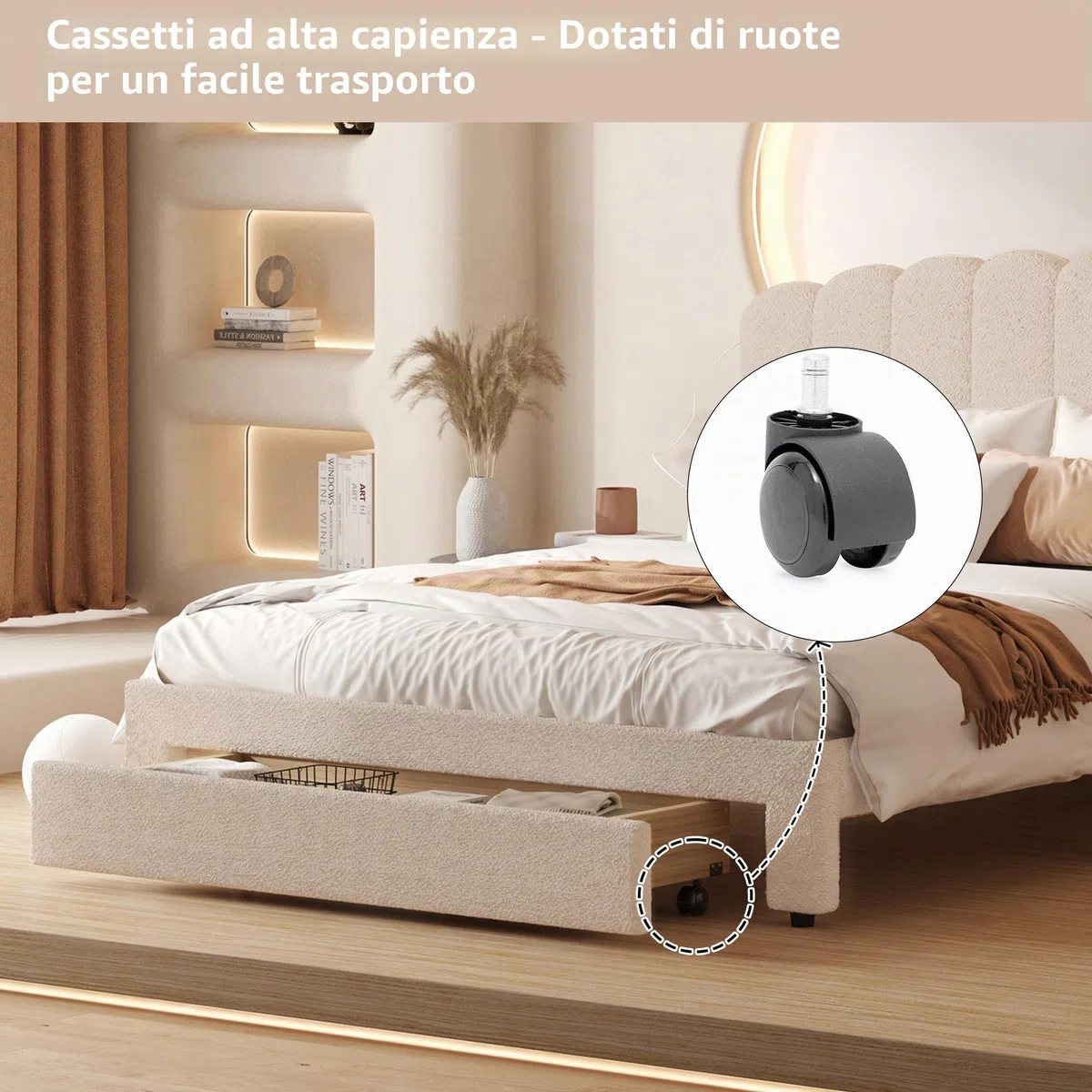 Letto imbottito 140 x 200 cm, letto matrimoniale con 1 cassetto e rete a doghe, testiera regolabile in altezza con funzione di ricarica USB-C – Letto per riporre lo schienale del letto, Teddy