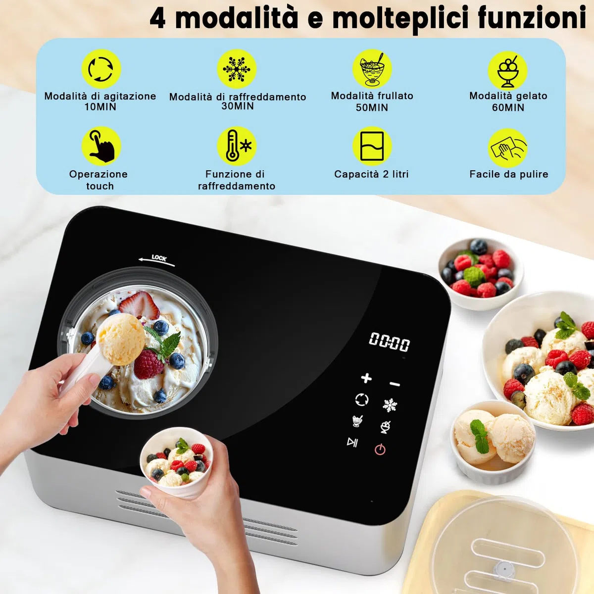 Vpcok Direct Gelatiera 2L con Compressore Macchina per Gelato 150 w Display LED Touch Timer regolabile Gelatiera Autorefrigerante Professionale Cestello Antiaderente per Creme Gelato