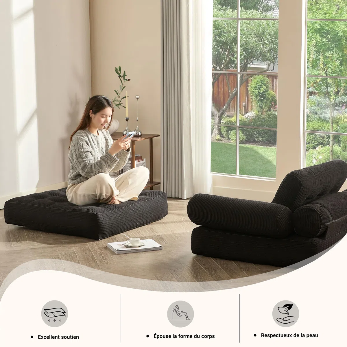 Divano letto pieghevole – Divano a sacco – Poltrona relax, divano gioco, divano letto e letto degli ospiti per piccoli spazi, poltrona per camera da letto e soggiorno (Nero, 89,9 cm)