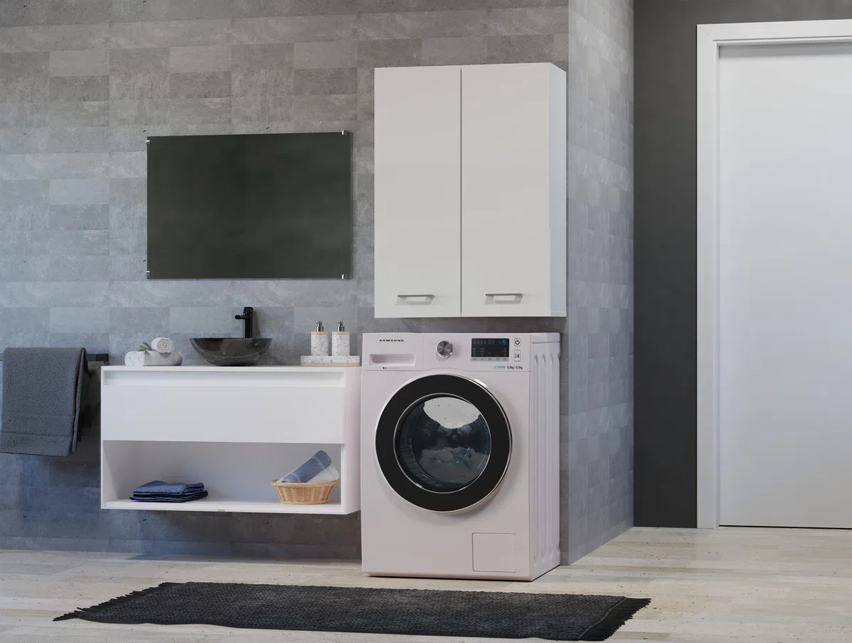 CDF Mobile Bagno Pensile Sospeso Sopra Lavatrice Scaffale a Muro con Ante Lunghe 4 Ripiani Chiusi Lavanderia 64 x 90 x 30 cm - Bianco
