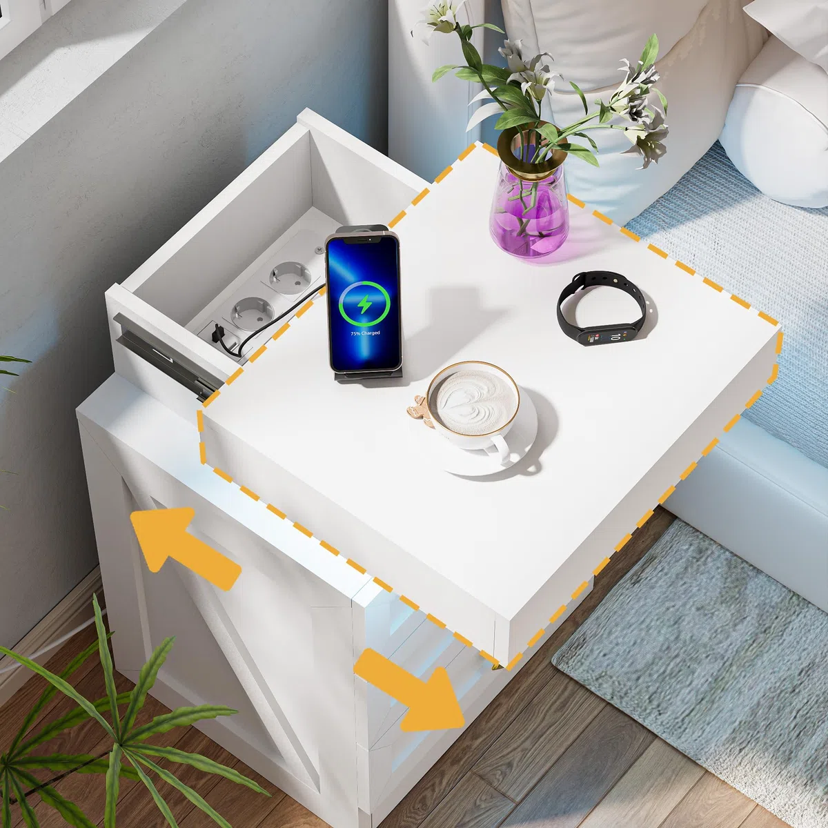 Comodino Camera da Letto con Presa Elettrica, 2 AC 2 USB Comodini Moderni con Luce LED RGB, Comodino in Legno 3 Cassetti e Couvercle Coulissant, Soggiorno Studio, Bianco 35cm Larghezza