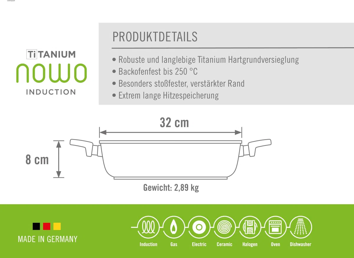 Woll Nowo - Casseruola in titanio, induttiva, diametro 32 cm, altezza 8 cm, 5,5 litri, con 2 manici laterali, adatta a tutti i piani cottura