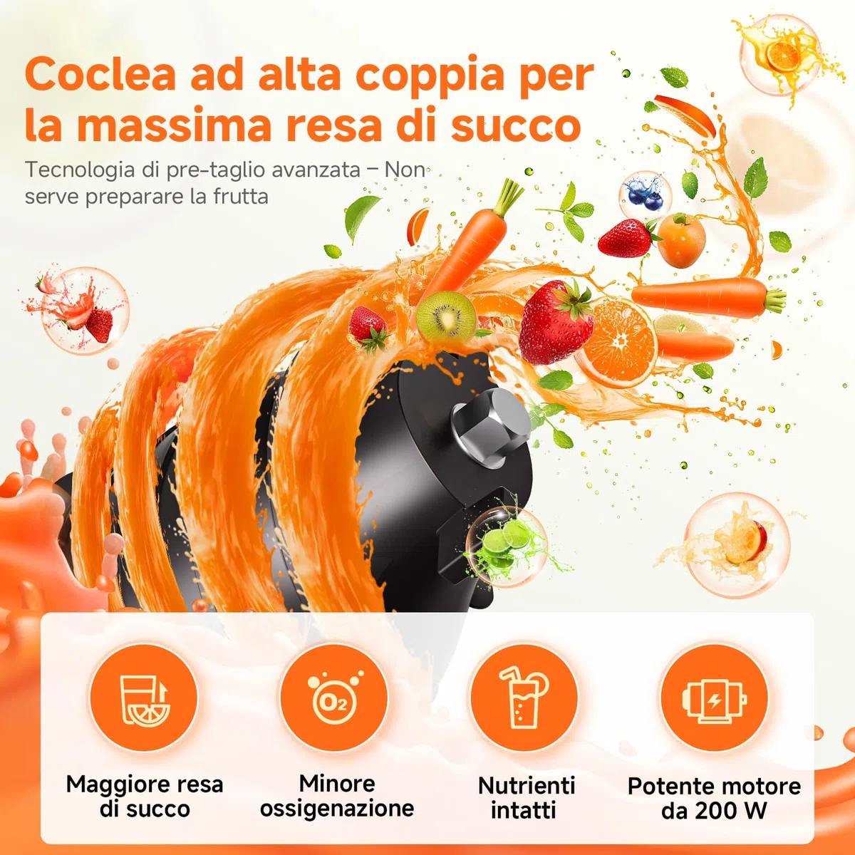 AOBOSI Estrattore frutta e verdura, 135MM XXL Grande Canale di Alimentazione per Frutta e Verdura Intere - Capacità 1,5L, 200 W Slow juicer, Triplo Filtro