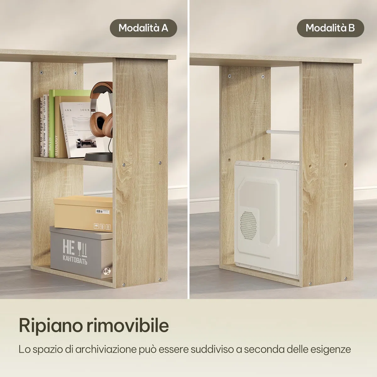 eSituro Scrivania Ufficio Compatta con Libreria Integrata - Design Salvaspazio per Studio/Camera, 120x55x122 cm, Bianco Lucido e Rovere Naturale