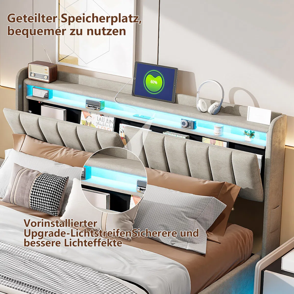 Letto Contenitore Matrimoniale 160x200 cm, Letto con Spazio Idraulico, Testiera Multifunzione con Portaoggetti, Ricarica USB A+C e Luci LED RGB, Velluto, Grigio, Senza materasso