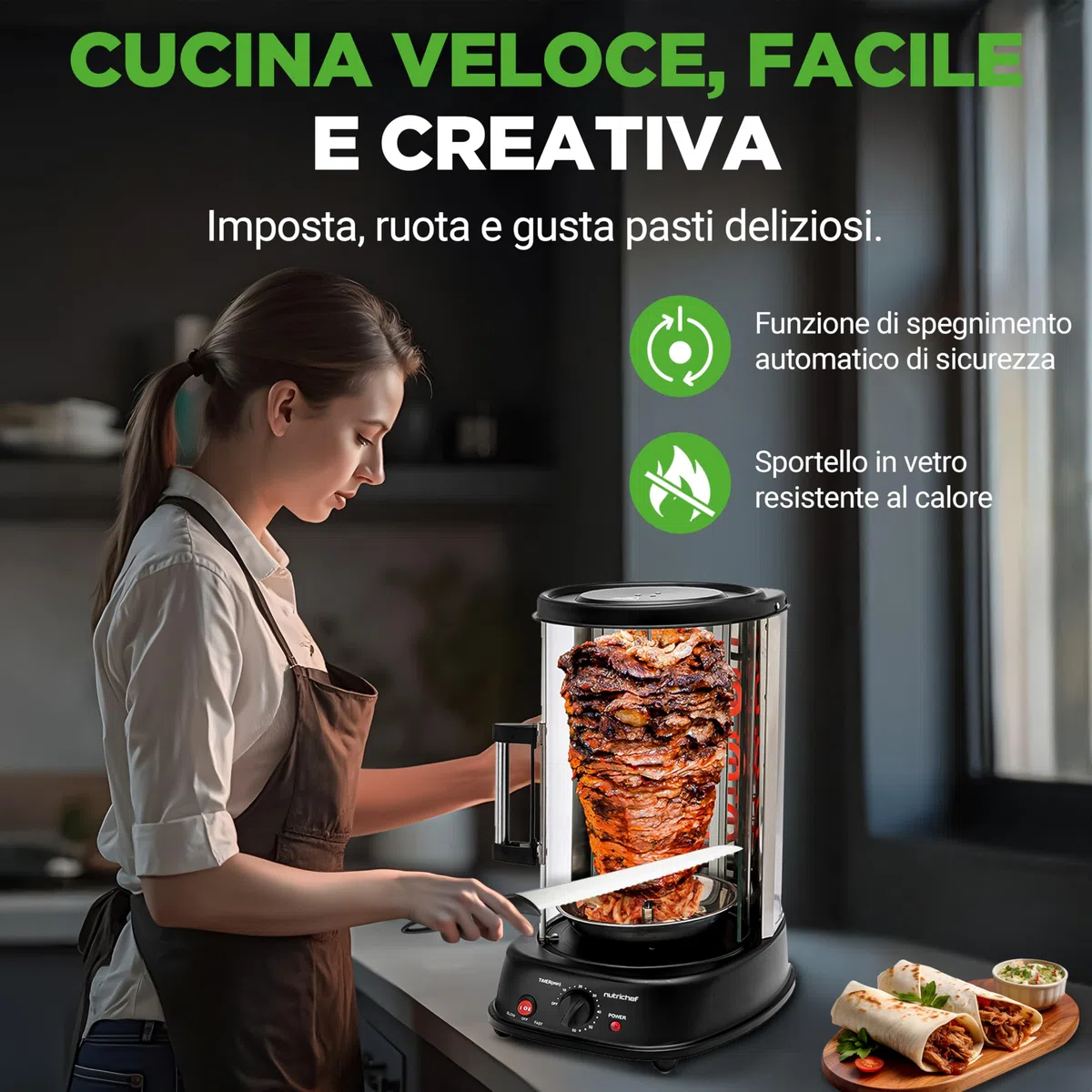 NutriChef Girarrosto Elettrico Forno Verticale 1500 Watt da Appoggio, per Kebab, Pollo Arrosto, Shawarma e Spiedini, con 7 Spiedi e Porta Resistente al Calore, per Casa e Cucina