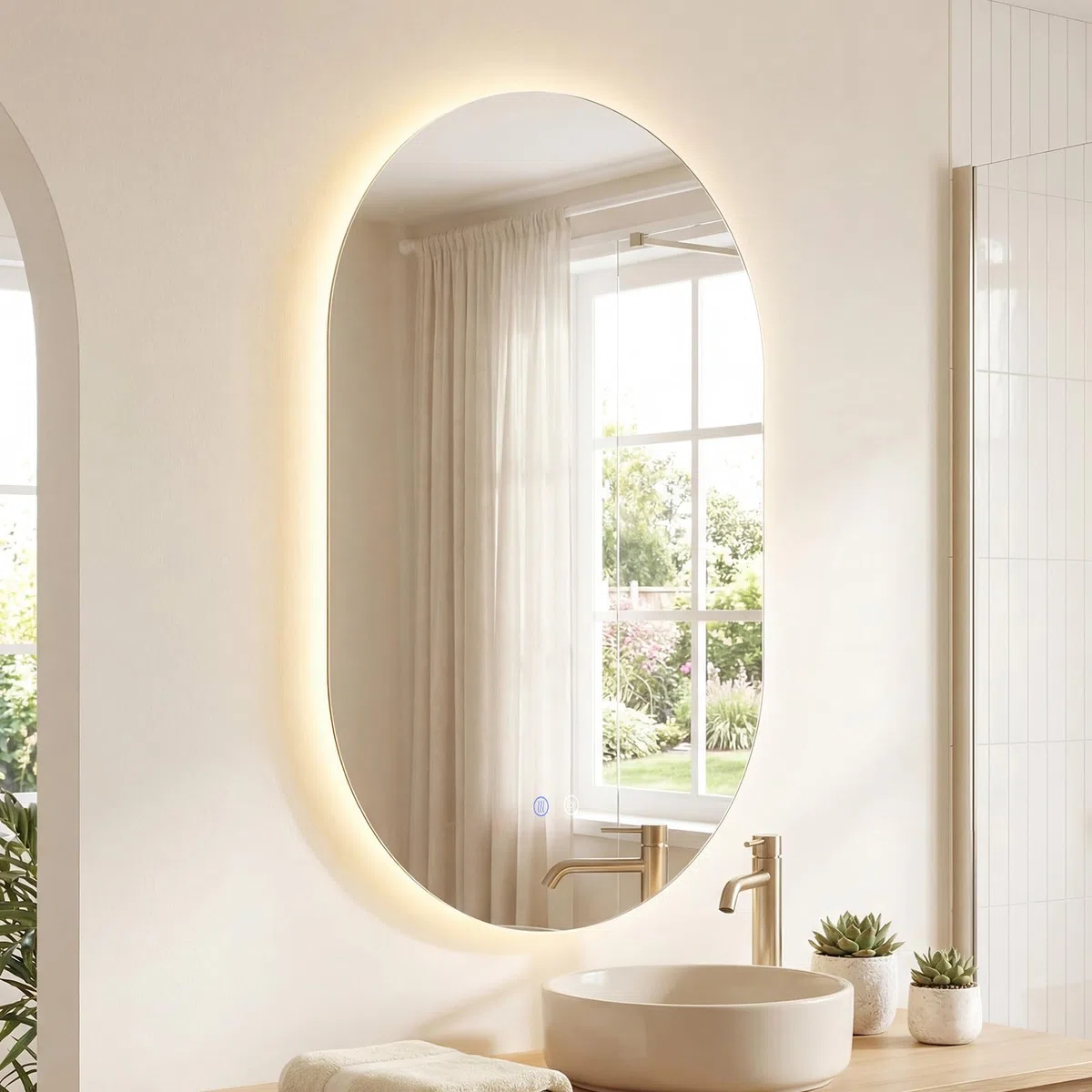 COSTWAY Specchio per Bagno con Luce 90 x 55 cm, Specchio Ovale da Parete Infrangibile con Oulsanti Touch, 3 Colori Dimmerabili, Antiappannamento e Vetro Temperato HD IP44 (90 x 55 cm, Modello 4)