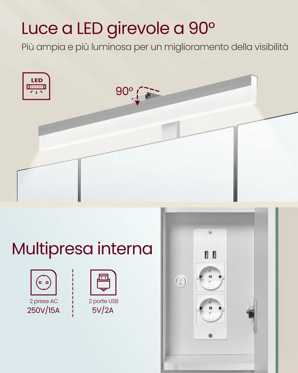 VASAGLE Mobile da Bagno con Illuminazione LED, 16,5 x 70 x 75 cm, Cestino Sospeso, Supporto per Asciugacapelli, per Lavabo, Bianco Nuvola BBK126W01