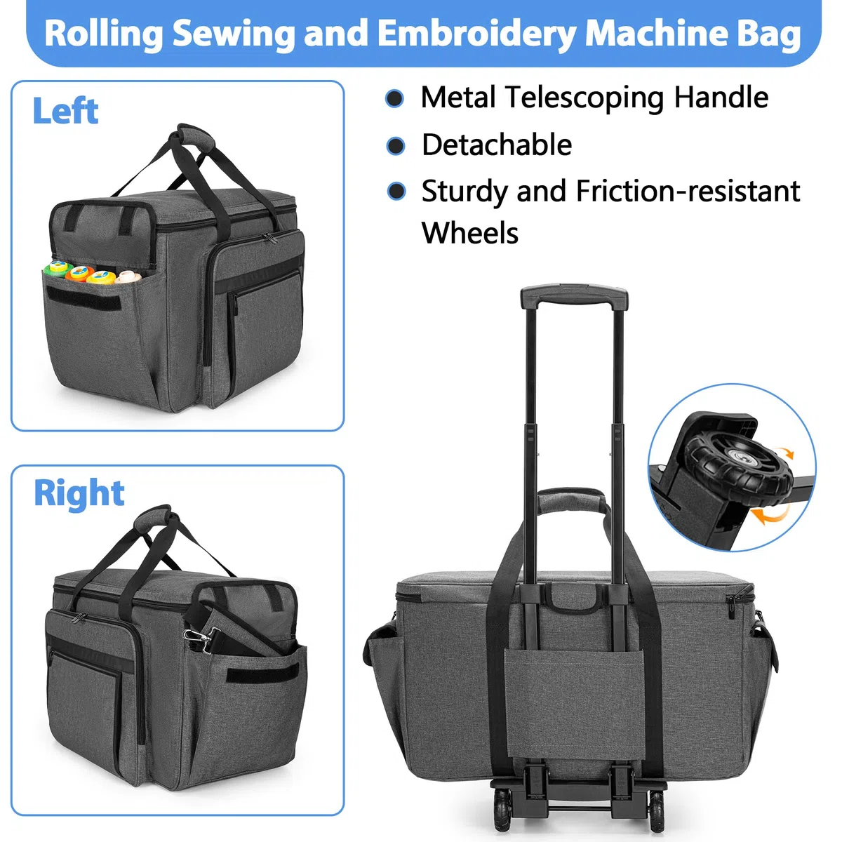 CURMIO Borsa da Trasporto per Macchine da Cucire per Ricamo con Ruote e Pannello di Supporto Inferiore, Adatto per i Corsi di Cucito, per la Conservazione in Casa, Grigio