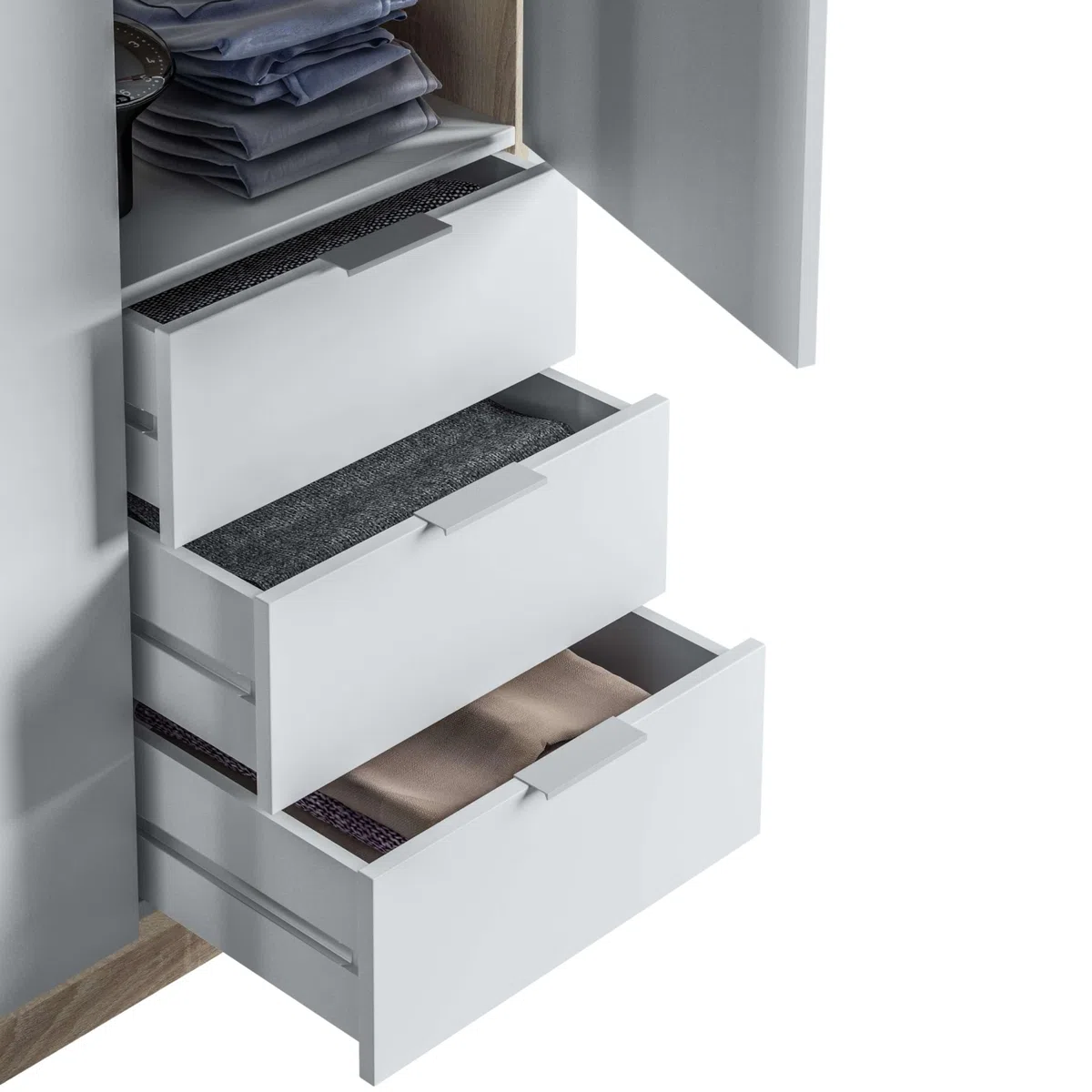 Armadio con tre ante e tre cassetti, finitura rovere canadese/bianco, dimensioni 121 cm (L) x 180 cm (A) x 52 cm (P)