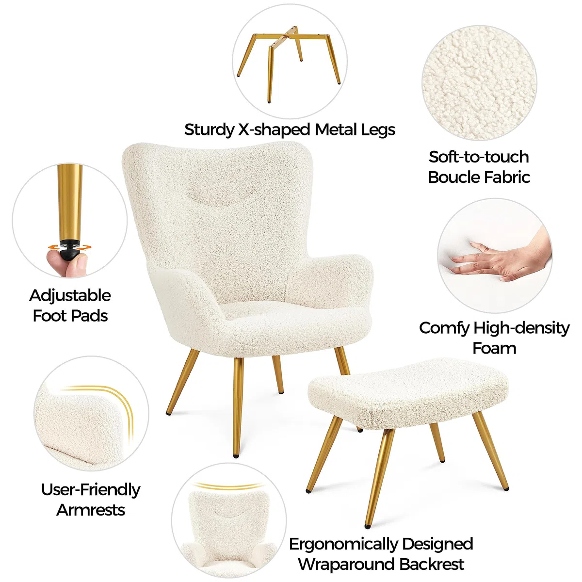 Yaheetech Set Poltrona da Salotto con Pouf Poggiapiedi in Tessuto Bouclé e Metallo Imbottita con Schienale Braccioli per Lettura/Camera da Letto/caffè/Studio Avorio
