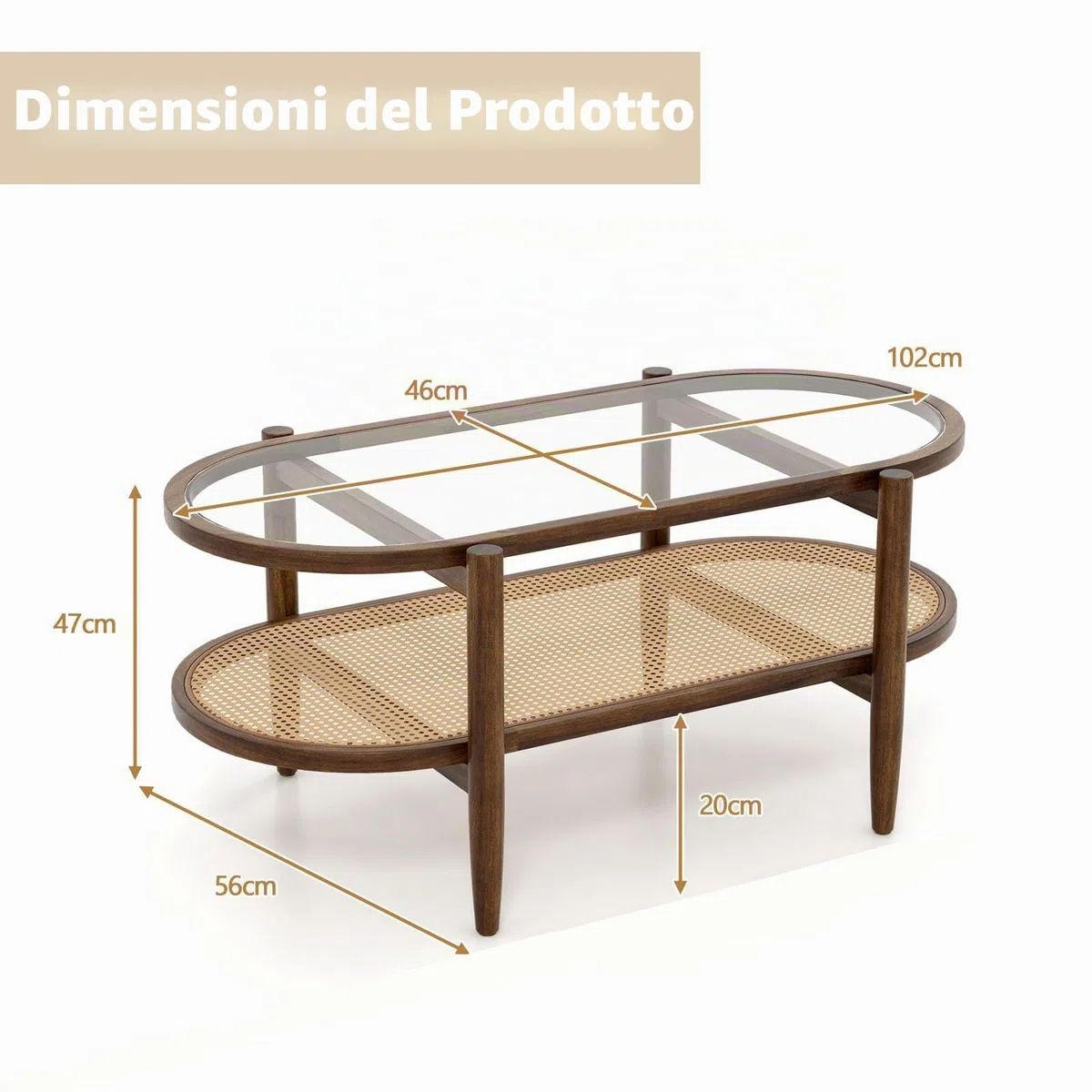 LIFEZEAL Tavolino Salotto, in Legno Massello e Vetro, Tavolino da Caffè, da Soggiorno, Moderno, Basso, Ovale, a 2 Ripiani, con Decorazione in Rattan, Max 90 kg, 102x46x47 cm, Marrone Rustico