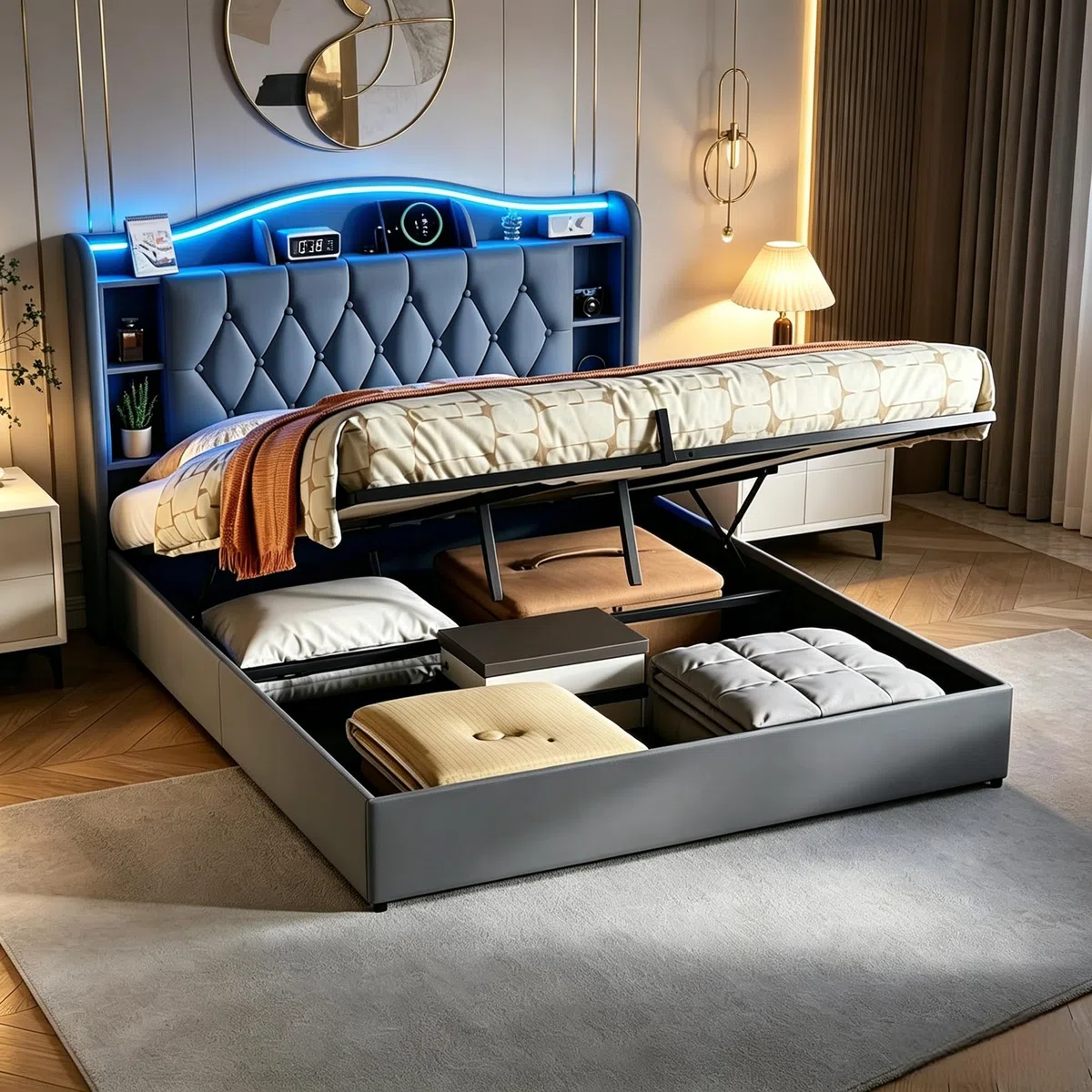 Letto Matrimoniale con Contenitore 140x200 cm con LED e USB, Letti matrimoniali moderni con testiera e vano portaoggetti, Letto imbottito 140x200 con Contenitore, Senza Materasso,velluto