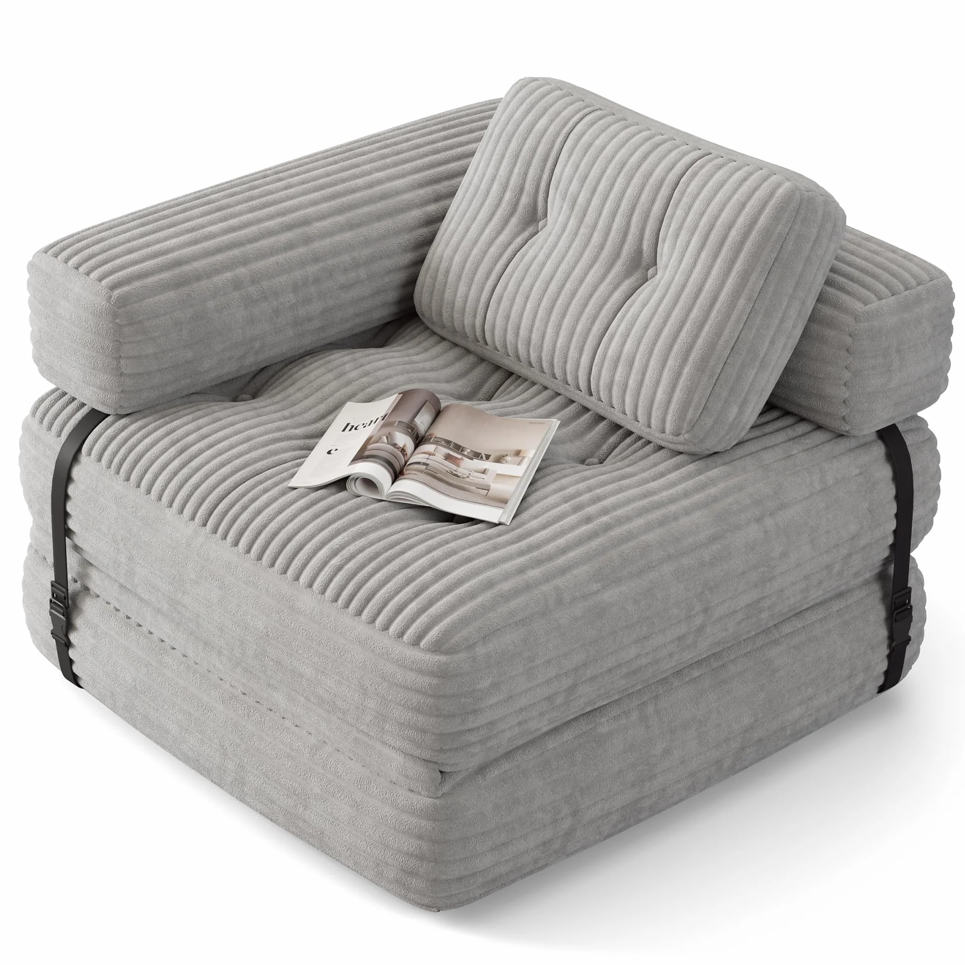 Xbro Divano Letto Pieghevole Singolo Compatto in Velluto a Coste con Poggiatesta a L, Poltrona Letto Salvaspazio per Soggiorno Ufficio Ospiti, 85x85-170x85 cm, Grigio Chiaro