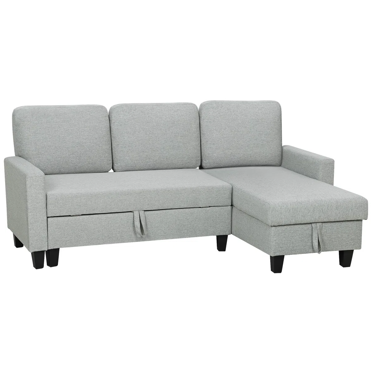HOMCOM Divano Letto 3 Posti con Chaise Longue Convertibile, Divano Angolare con Vano Portaoggetti, Cuscini Sfoderabili in Tessuto Effetto Lino, per Soggiorno Salotto, 197x129x85 cm, Grigio Chiaro