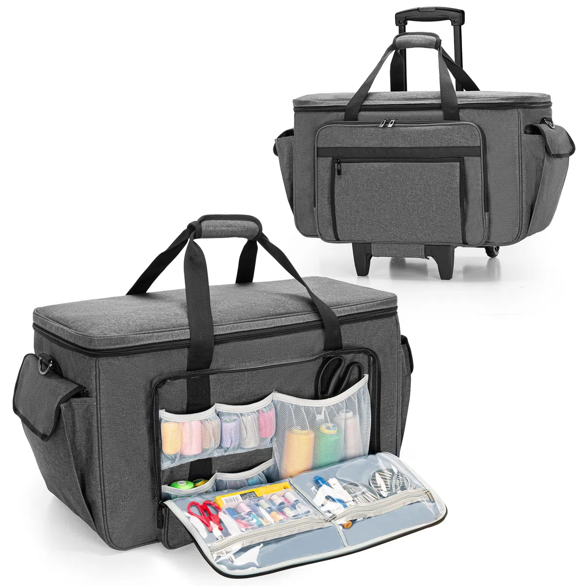 CURMIO Borsa da Trasporto per Macchine da Cucire per Ricamo con Ruote e Pannello di Supporto Inferiore, Adatto per i Corsi di Cucito, per la Conservazione in Casa, Grigio
