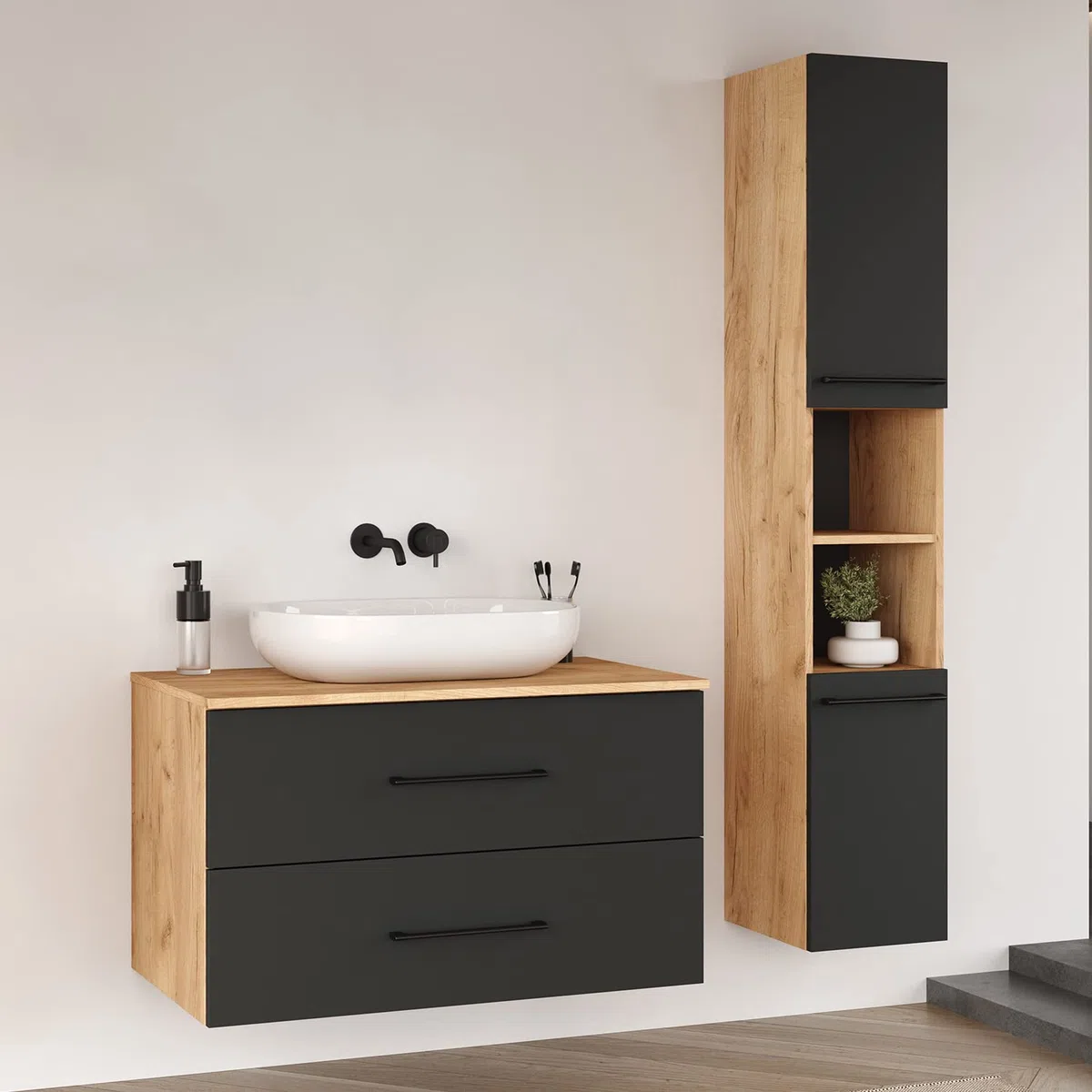 Planetmöbel set di mobili da bagno LUX 90 cm rovere oro/antracite SENZA lavabo con colonna rovere oro/antracite