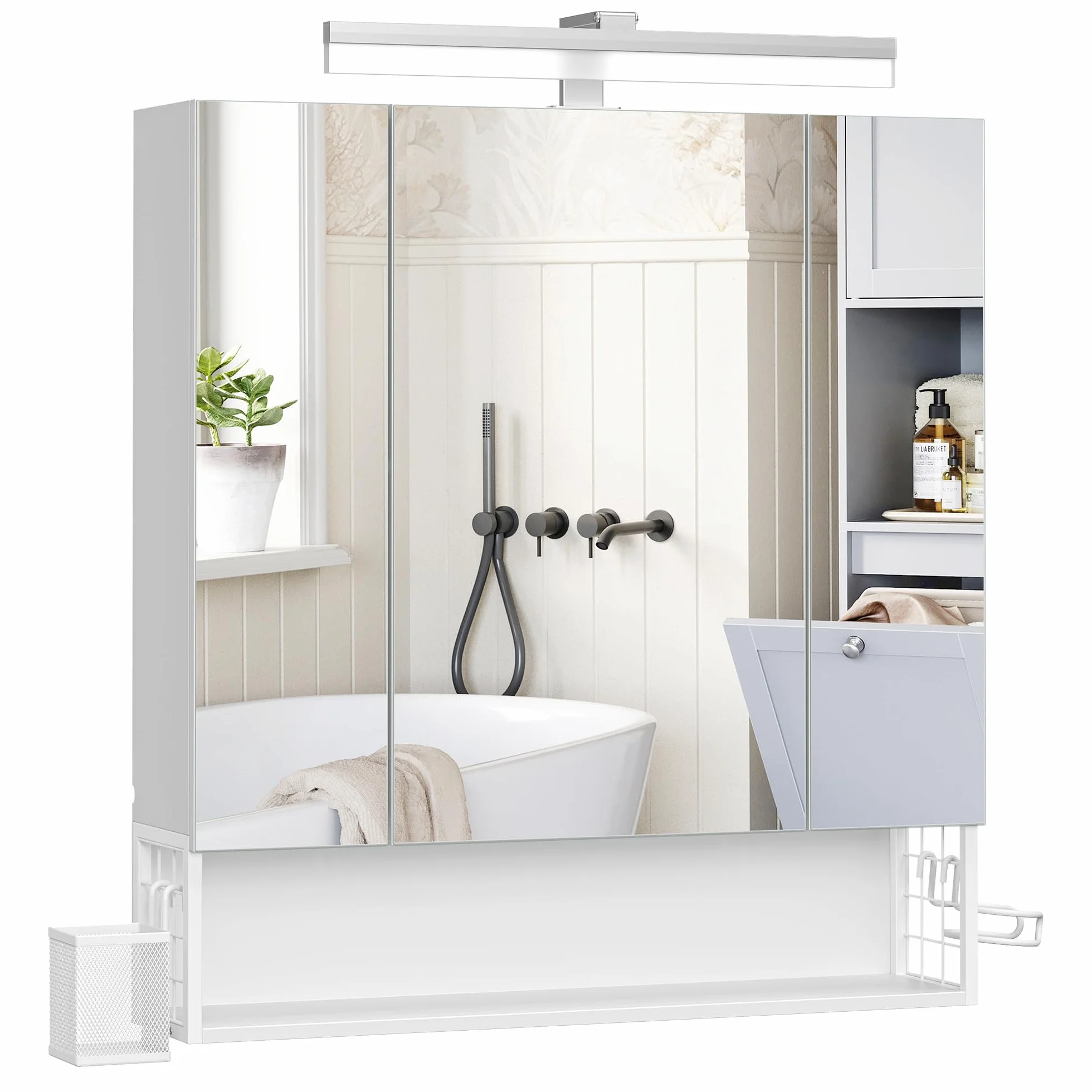 VASAGLE Mobile da Bagno con Illuminazione LED, 16,5 x 70 x 75 cm, Cestino Sospeso, Supporto per Asciugacapelli, per Lavabo, Bianco Nuvola BBK126W01