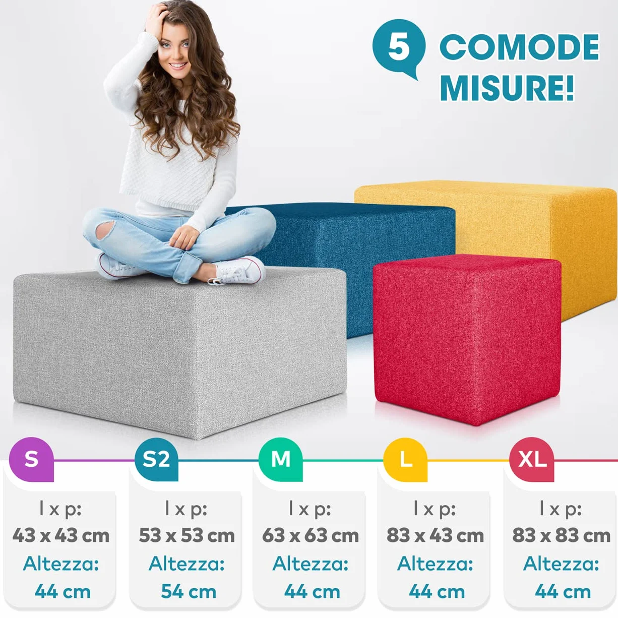 Deshome Pouf poggiapiedi 83x43x44 cm stoffa Idrorepellente: Pouf design moderno per divano soggiorno camera da letto, Puff poggiapiedi, Pouffe salotto Minerva (Bianco crema)