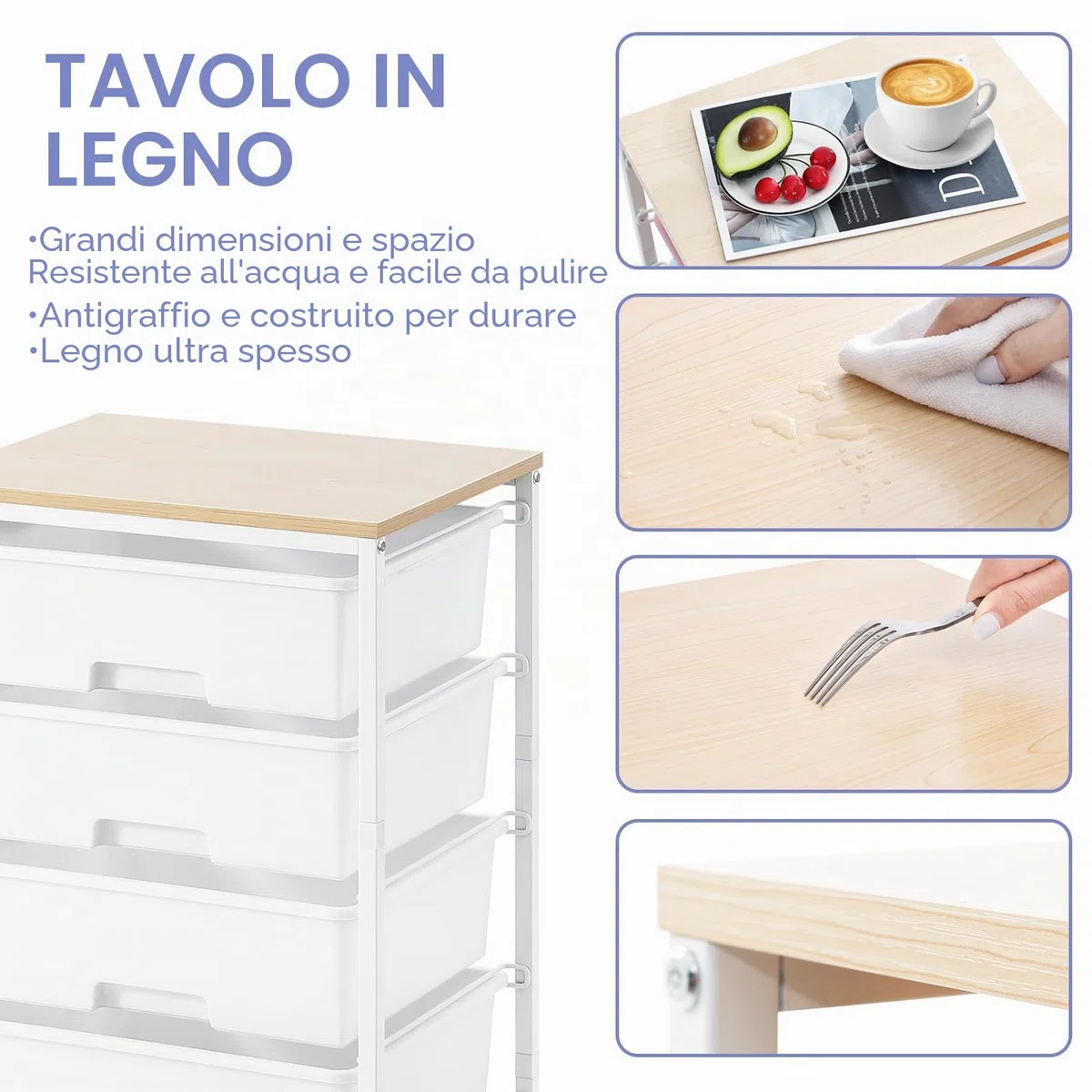 SYKIARIOL Carrello portaoggetti a 4 cassetti su ruote con piano tavolo in legno, per cucina, soggiorno, camera da letto, movimento semplice, grande capacità, 4 cassetti, bianco