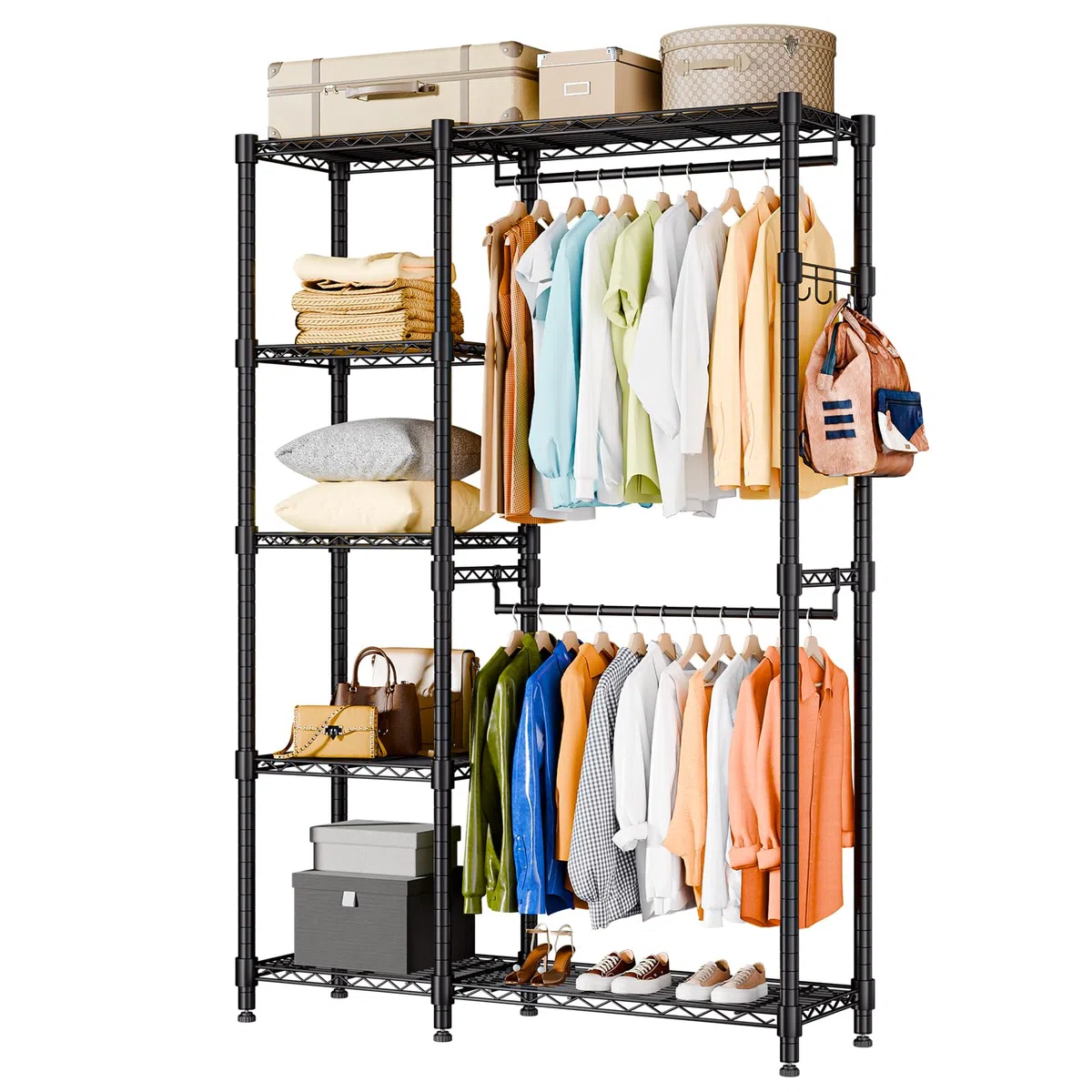 Himimi Appendiabiti stabile, aperto con doppio appendiabiti e 5 ripiani regolabili in altezza, in metallo, per camera da letto, corridoio, 114 x 44 x 195 cm, nero