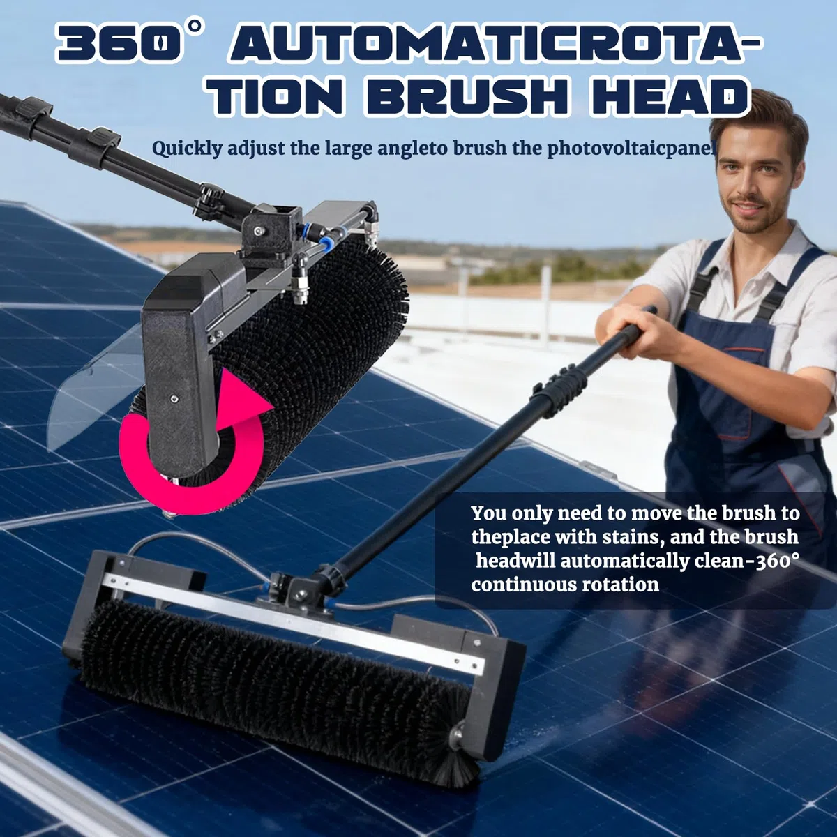 Pulitore Elettrico per Pannelli Solari con Testina a Spazzola 60cm e Palo ad Alimentazione Idrica | Per Pannelli Fotovoltaici e Pulizia Vetri | Uso Professionale e Domestico 7.5m/24ft