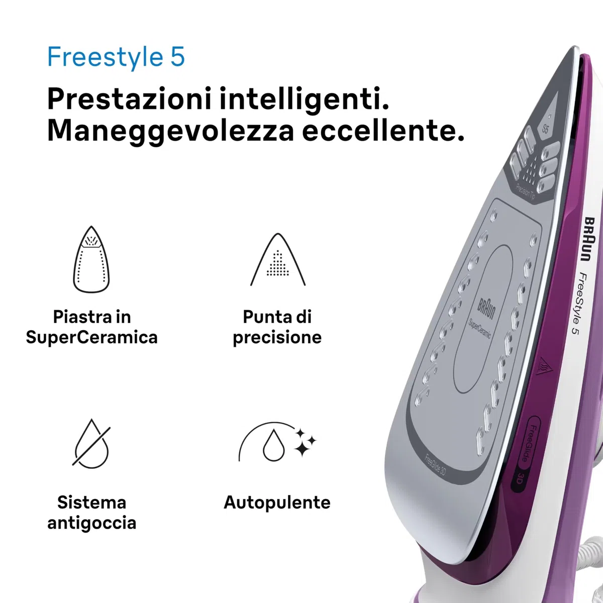 Braun TexStyle 5 SI5037VI, Ferro da Stiro con Piastra FreeGlide 3D SuperCeramic, Punta di Precisione, Manico Aperto Ergonomico, Ricarica 300ml, Efficienza Energetica, Sistema Antigoccia, 2700W, Viola