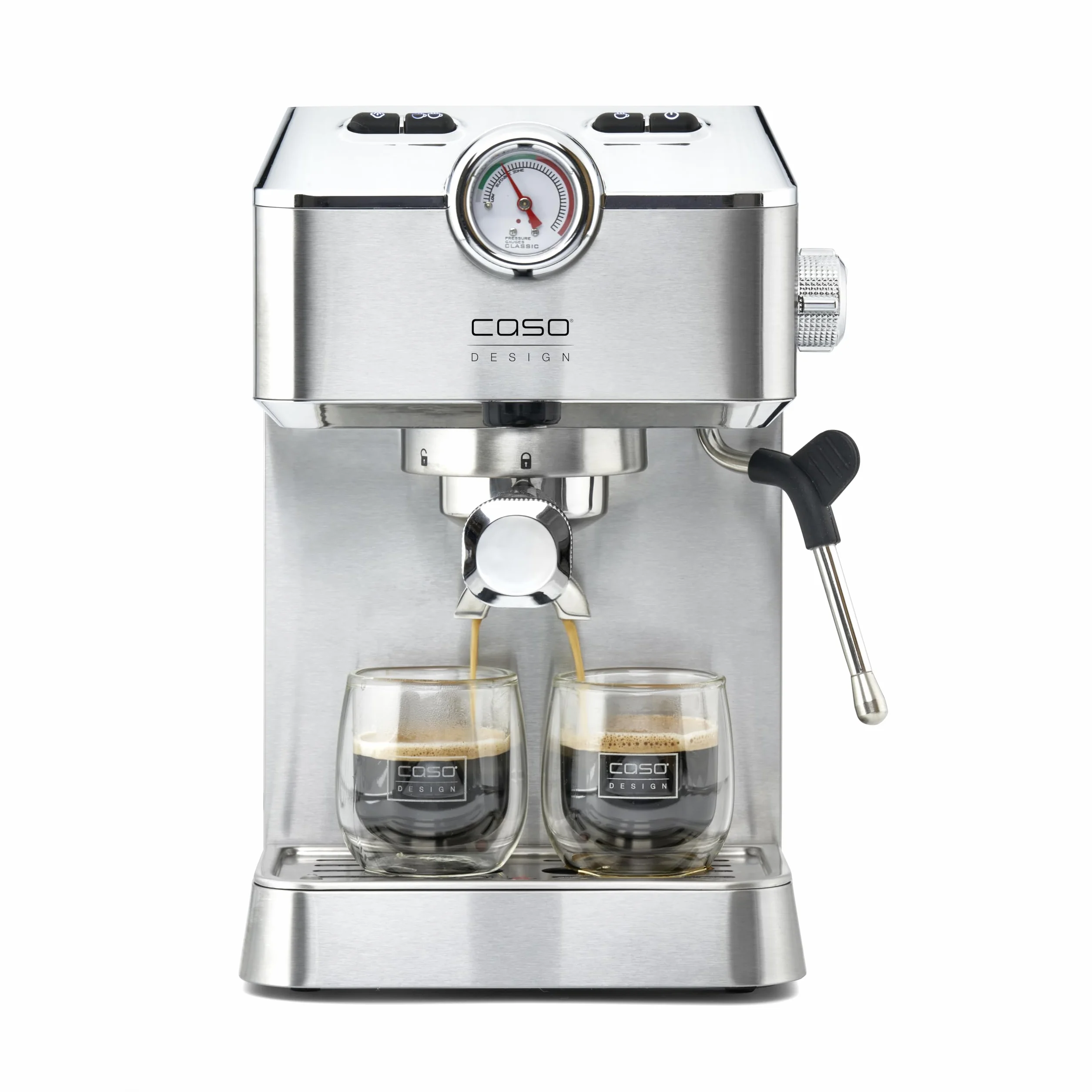 Caso Espresso Gourmet - Macchina portafiltro in acciaio inox, potente pompa Ulka da 19 bar, con montalatte, per caffè o cialde di caffè ESE, per 2 tazze, con piastra riscaldante
