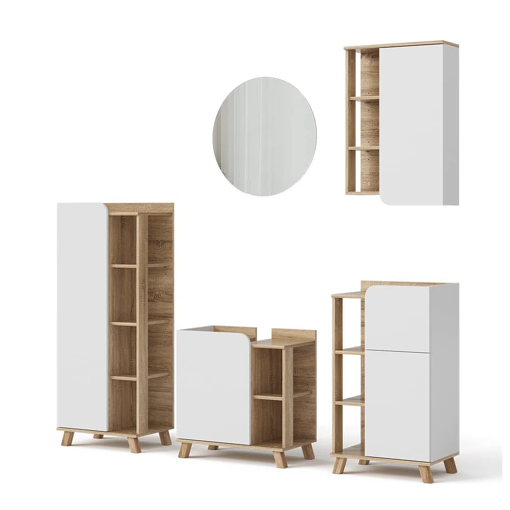 Vicco Set di mobili da bagno Karen, Sonoma/Bianco, 60 cm, composto da mobile lavabo, specchiera, armadietto, colonna e pensile