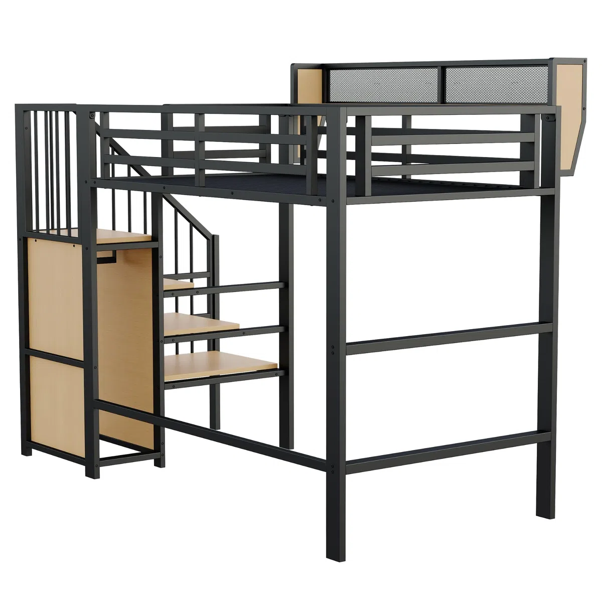 Moimhear Letto a soppalco, con scala di sicurezza e vano flessibile, letto in metallo per adulti e bambini (Nero, 90x200cm)