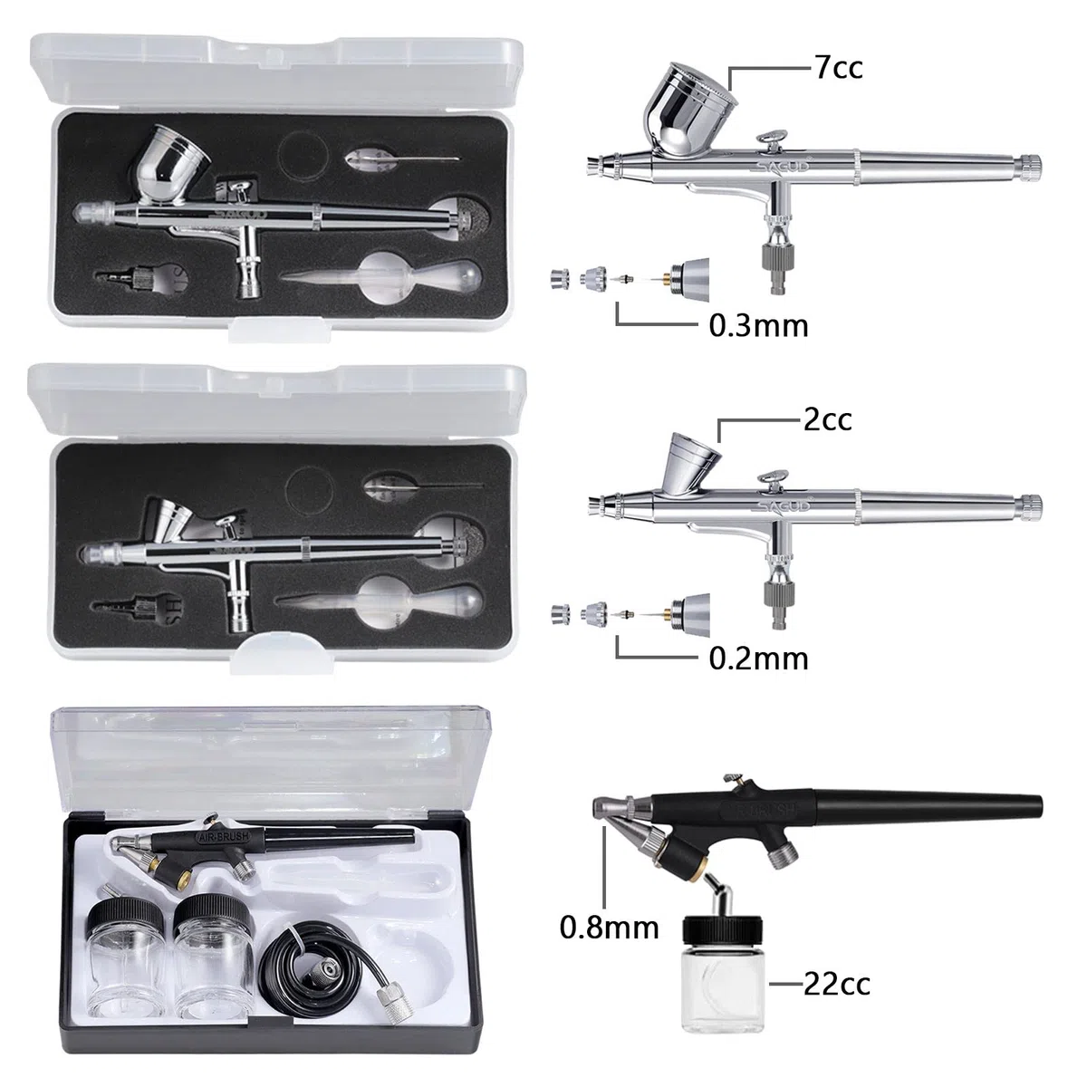 Set di aerografo con compressore, Pistola per aerografo Double Action con 3 aerografi, 0,2 mm, 0,3 mm, 0,8 mm, ugello e ago per Hobby, modellismo, Unghie