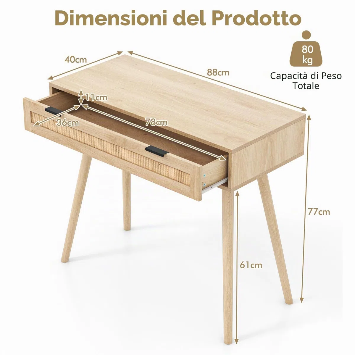 LIFEZEAL Tavolo Consolle con 1 Cassetto, Console in Legno, Mobile Ingresso, con Gambe in Legno Massello, Moderno, Salvaspazio, per Soggiorno, Corridoio, Max 80 kg, 88x40x77 cm, Naturale